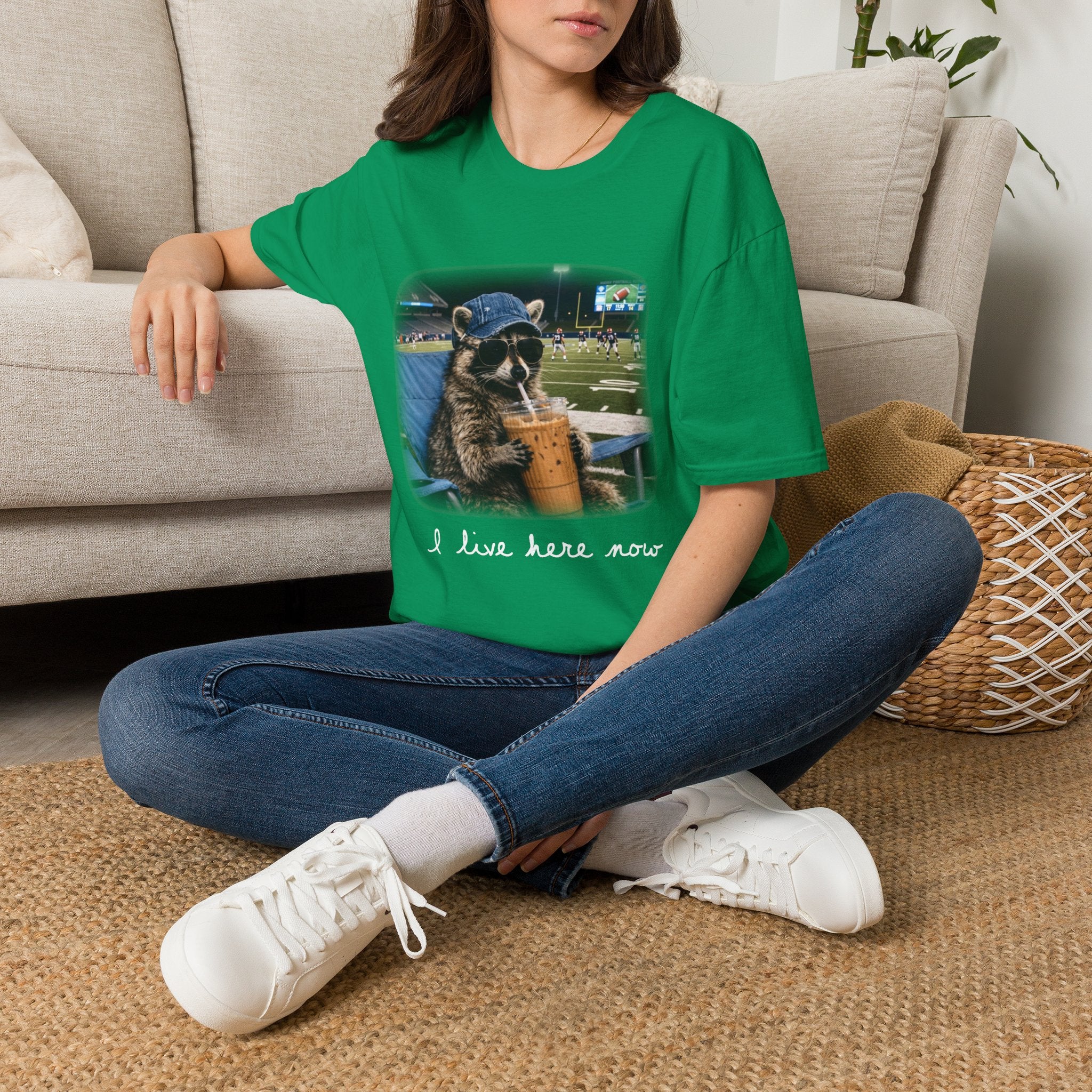 Raccoon Football Stadium Tee – "I Live Here Now" Graphic T-Shirt