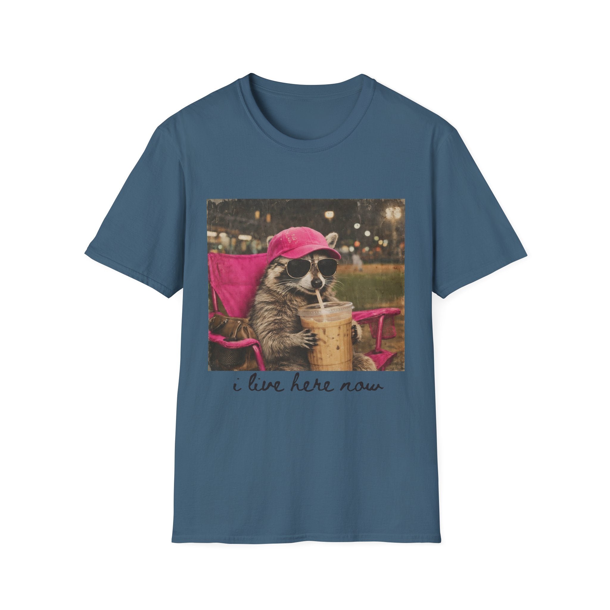 Raccoon Baseball/Softball Relaxing T-Shirt — 'Live Here Now' Retro Vacation Graphic Tee