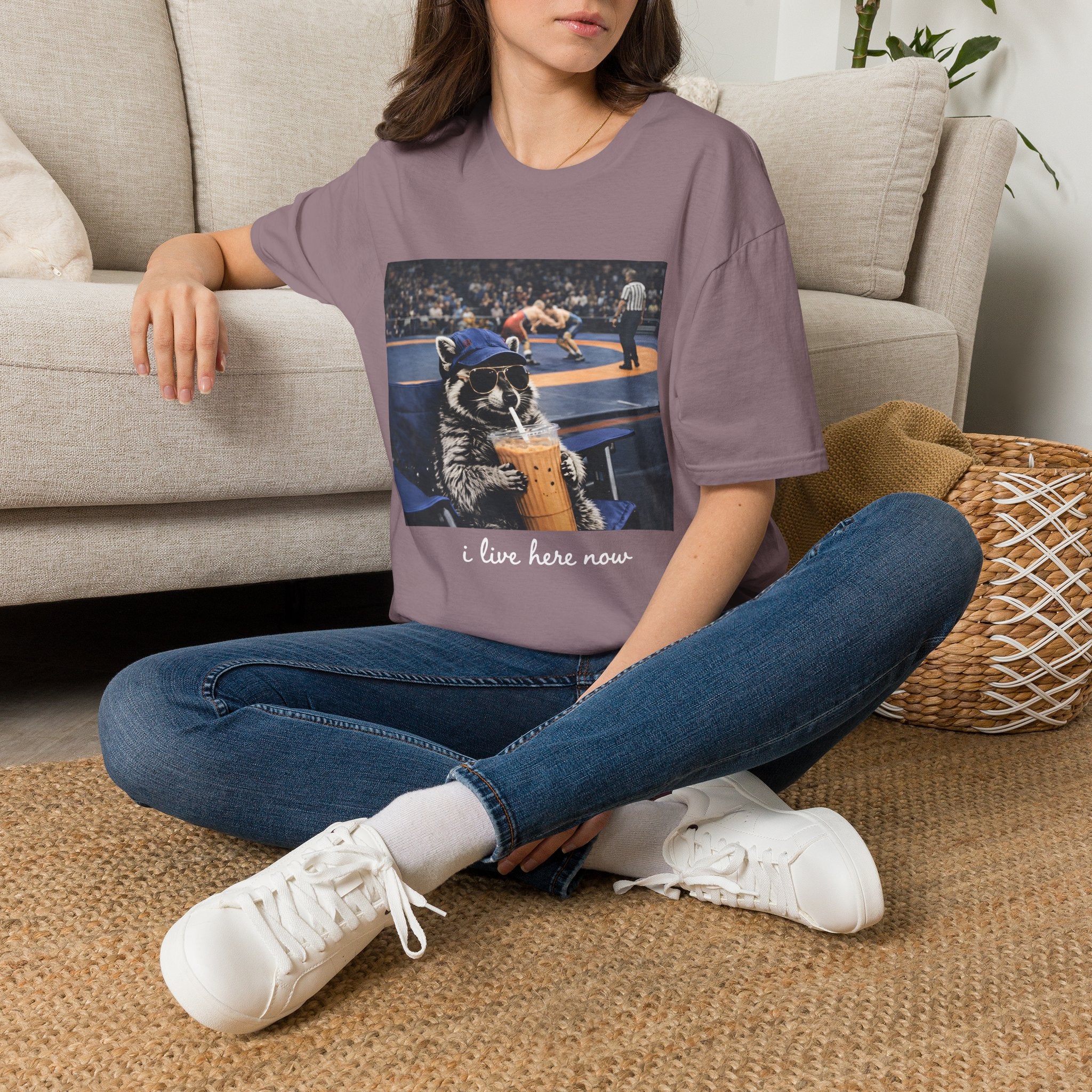 Wrestling Raccoon T‑Shirt — 'I Live Here Now' Funny Sports Tee