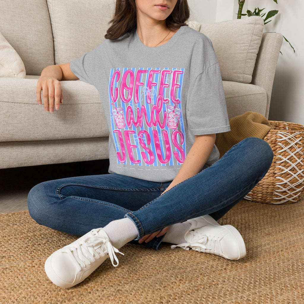 Coffee and Jesus T‑Shirt — Retro Pink & Blue Faith Graphic Tee