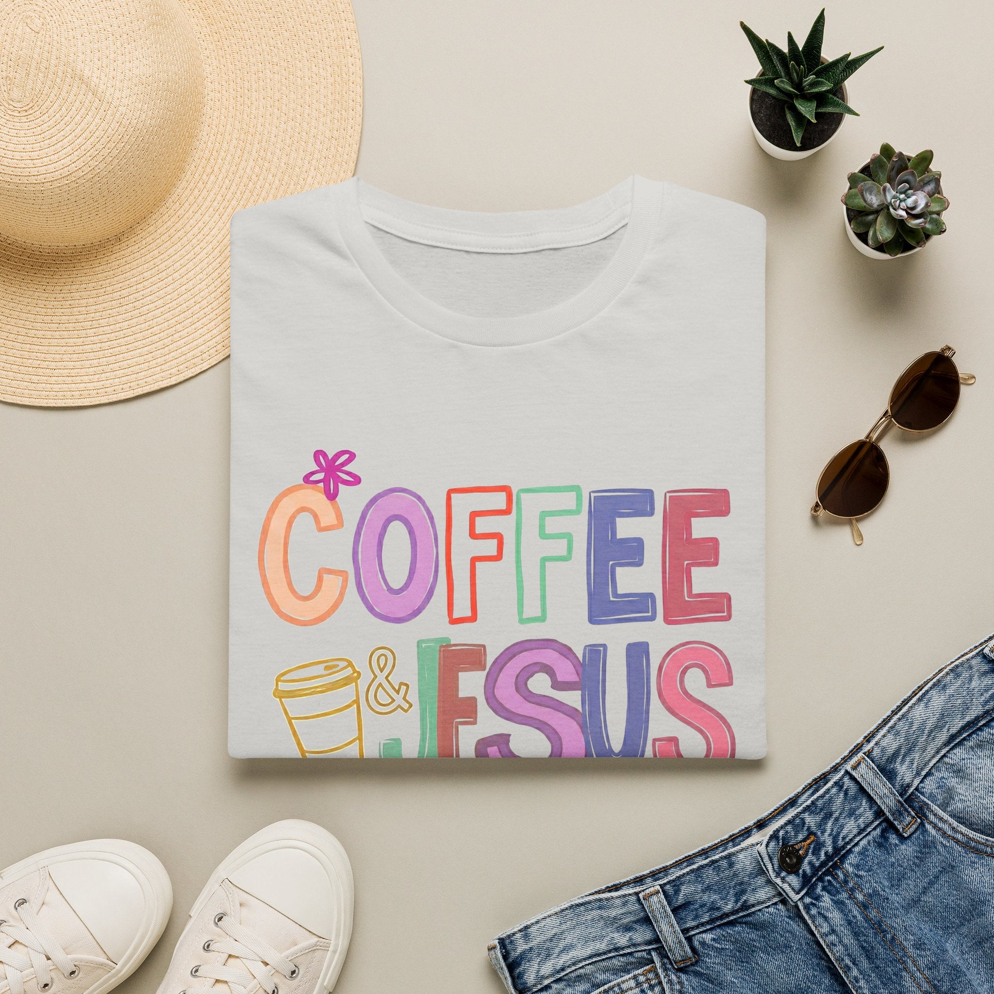 Coffee & Jesus T‑Shirt — Colorful Faith Graphic Tee for Women