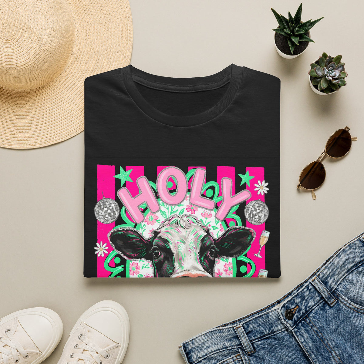 Holly Cow Graphic T-Shirt — Festive Cow Art Tee