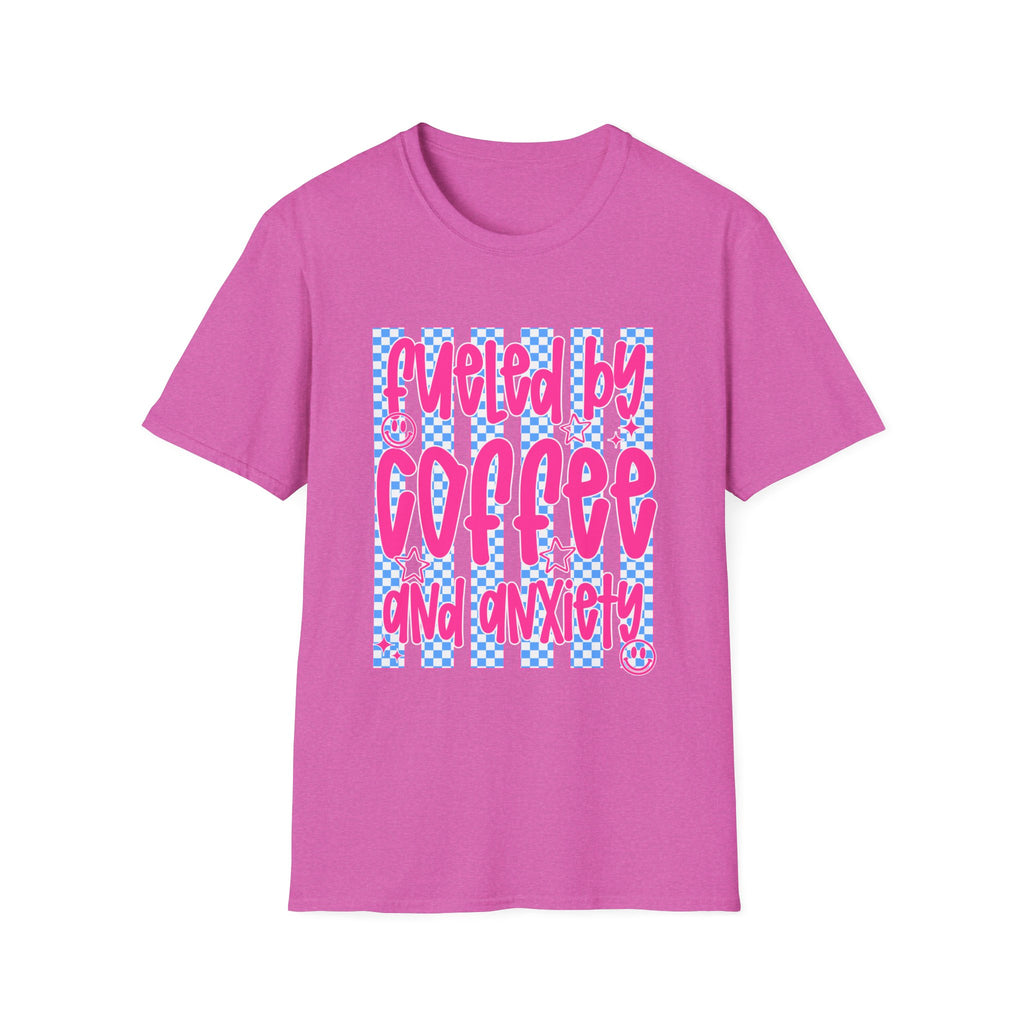 Fueled By Coffee And Anxiety T-Shirt — Retro Pink & Blue Checker Graphic