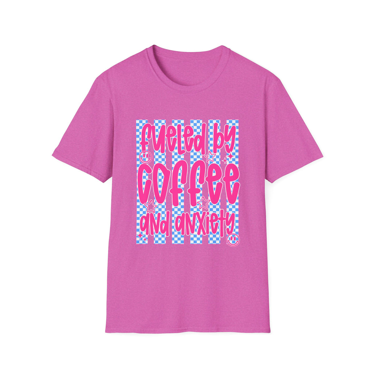 Fueled By Coffee And Anxiety T-Shirt — Retro Pink & Blue Checker Graphic