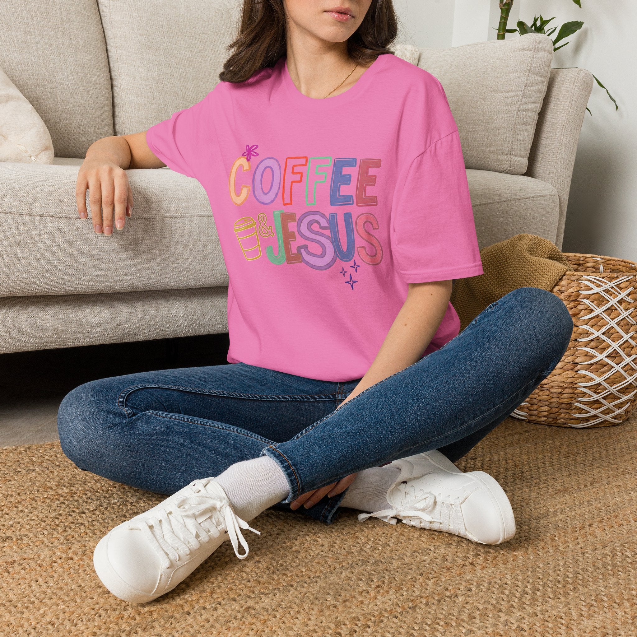Coffee & Jesus T‑Shirt — Colorful Faith Graphic Tee for Women
