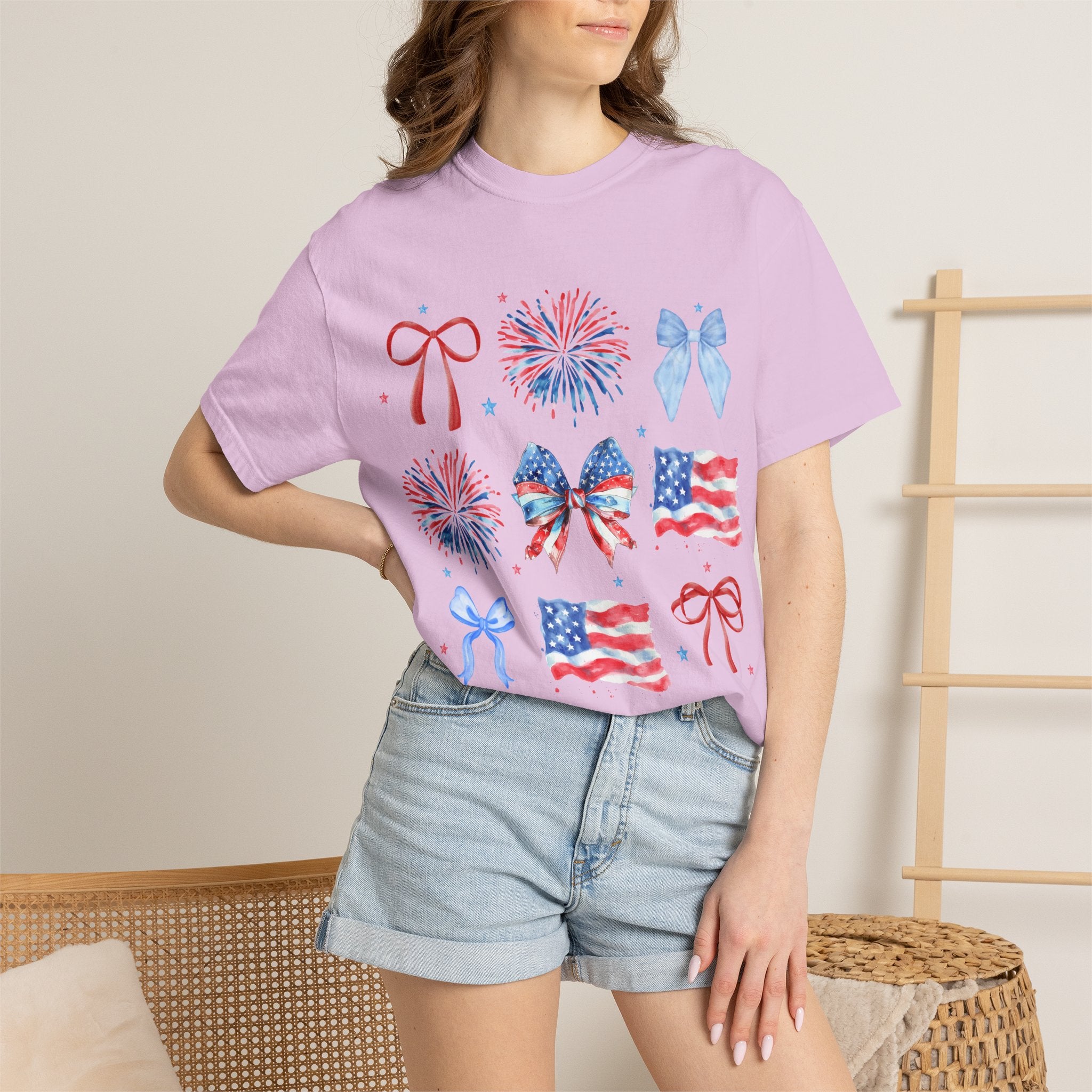 Patriotic Bows & Fireworks T-Shirt — American Flag Fourth of July Tee