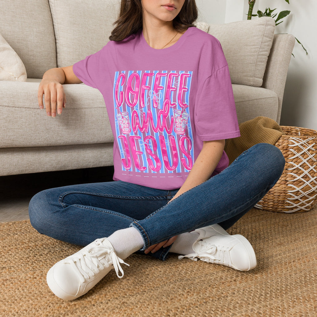 Coffee and Jesus T‑Shirt — Retro Pink & Blue Faith Graphic Tee