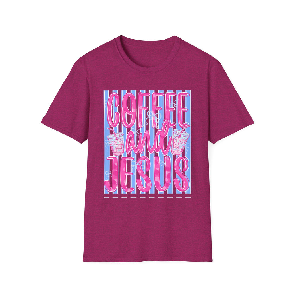 Coffee and Jesus T‑Shirt — Retro Pink & Blue Faith Graphic Tee