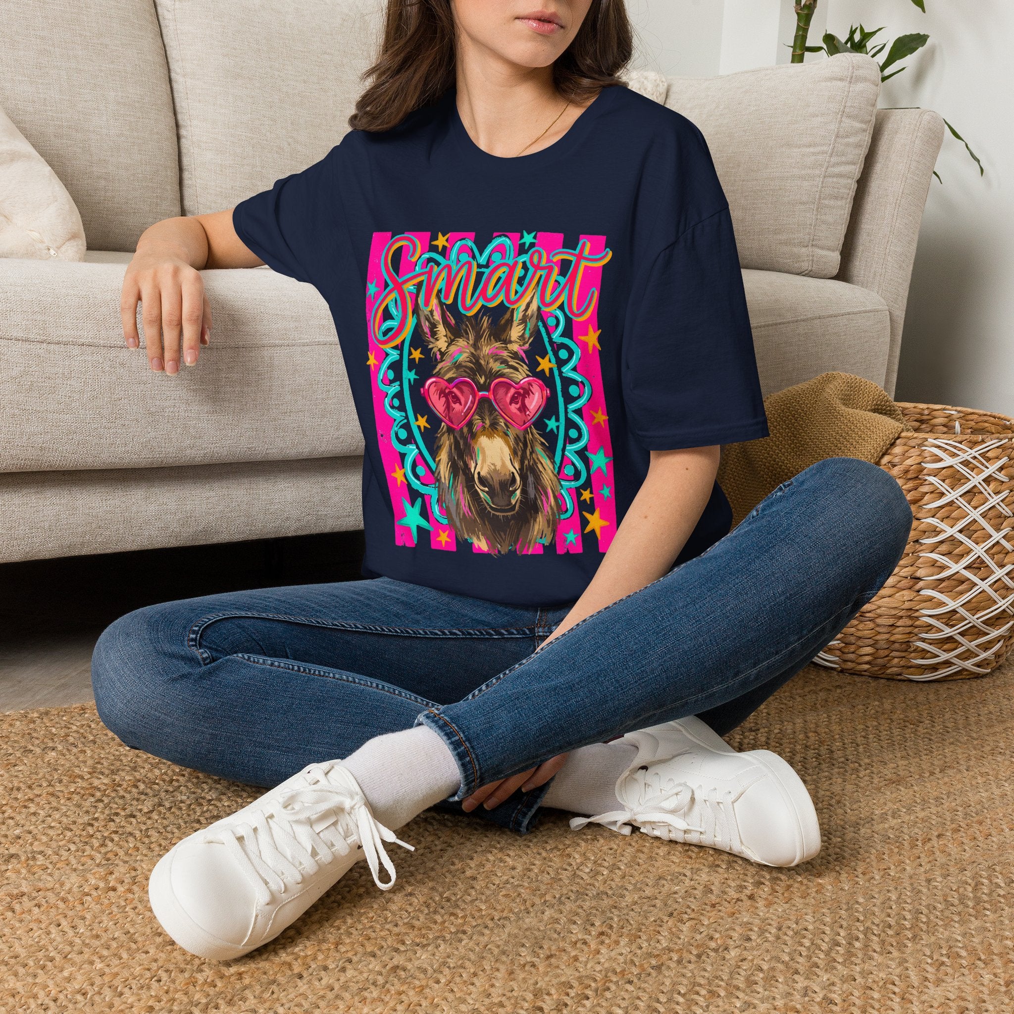 Smart Donkey T-Shirt — Colorful Heart-Sunglasses Graphic Tee for Animal Lovers