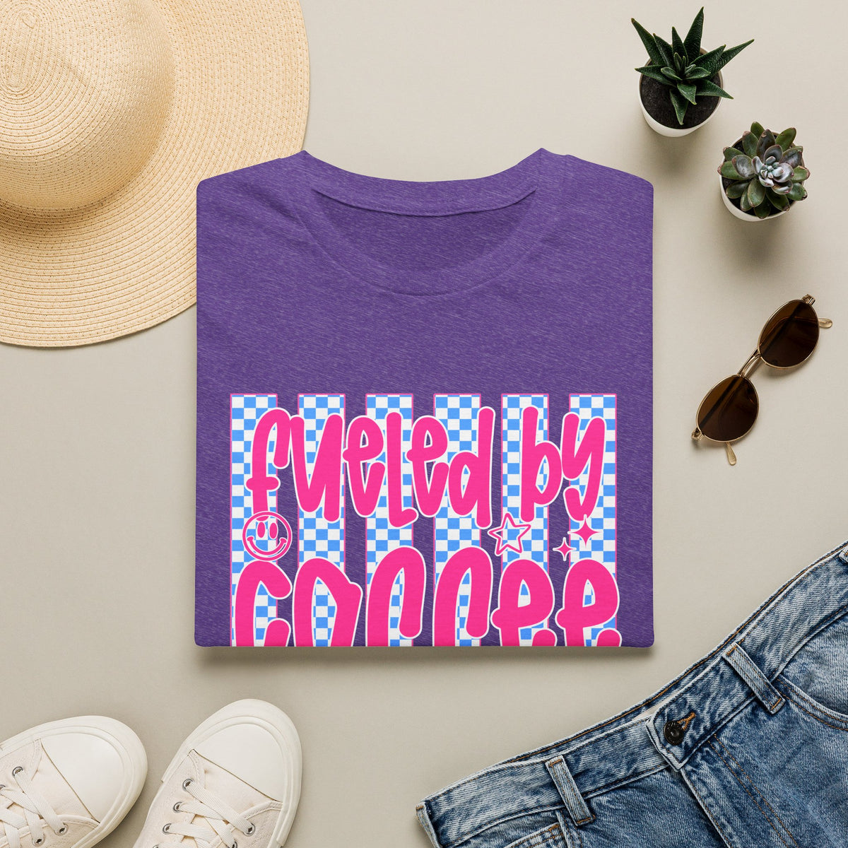 Fueled By Coffee And Anxiety T-Shirt — Retro Pink & Blue Checker Graphic