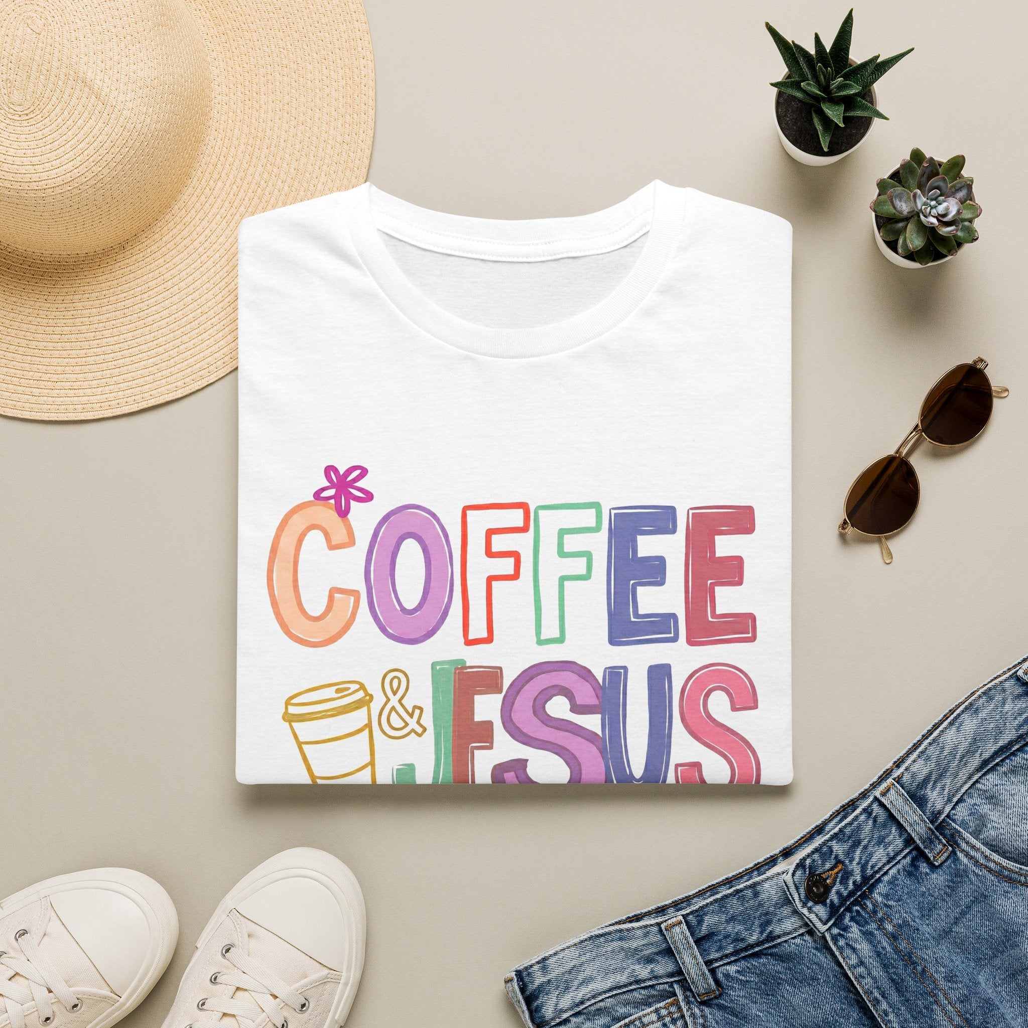 Coffee & Jesus T‑Shirt — Colorful Faith Graphic Tee for Women