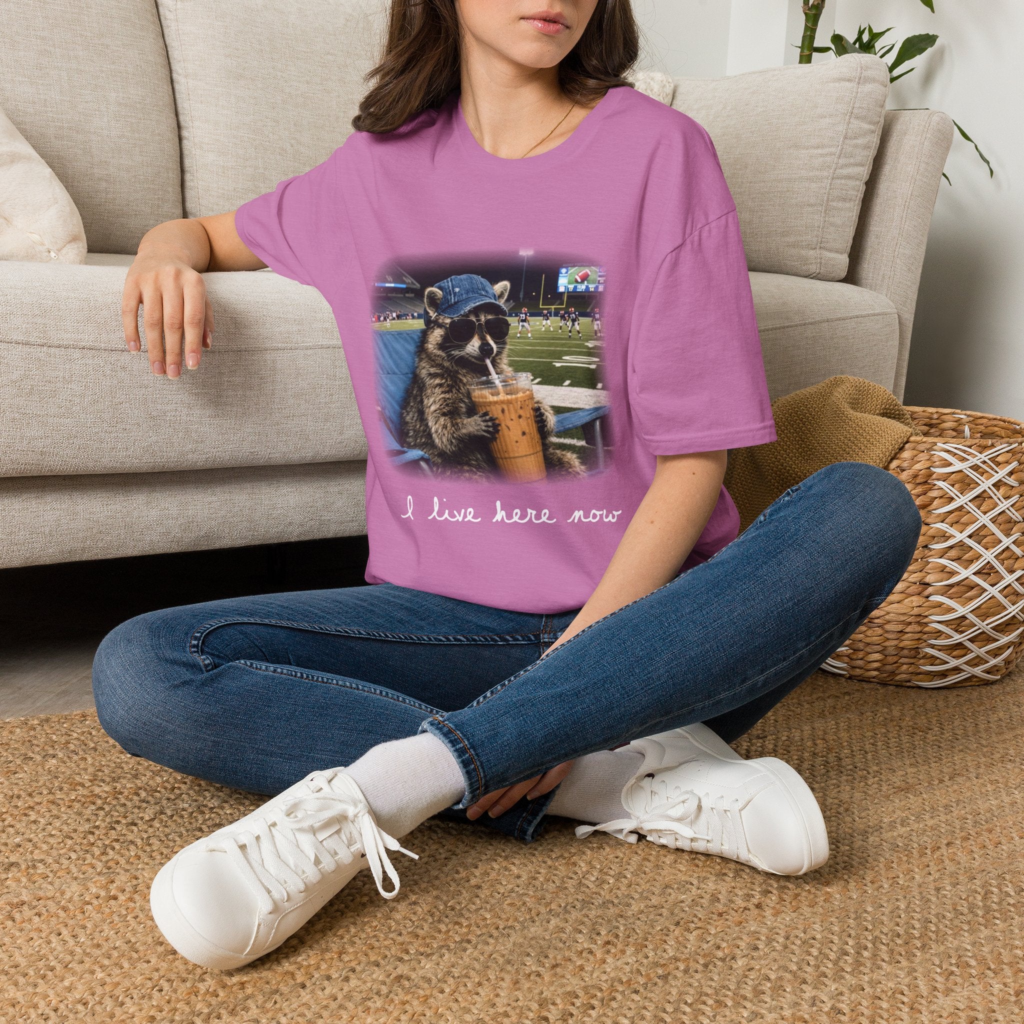 Raccoon Football Stadium Tee – "I Live Here Now" Graphic T-Shirt