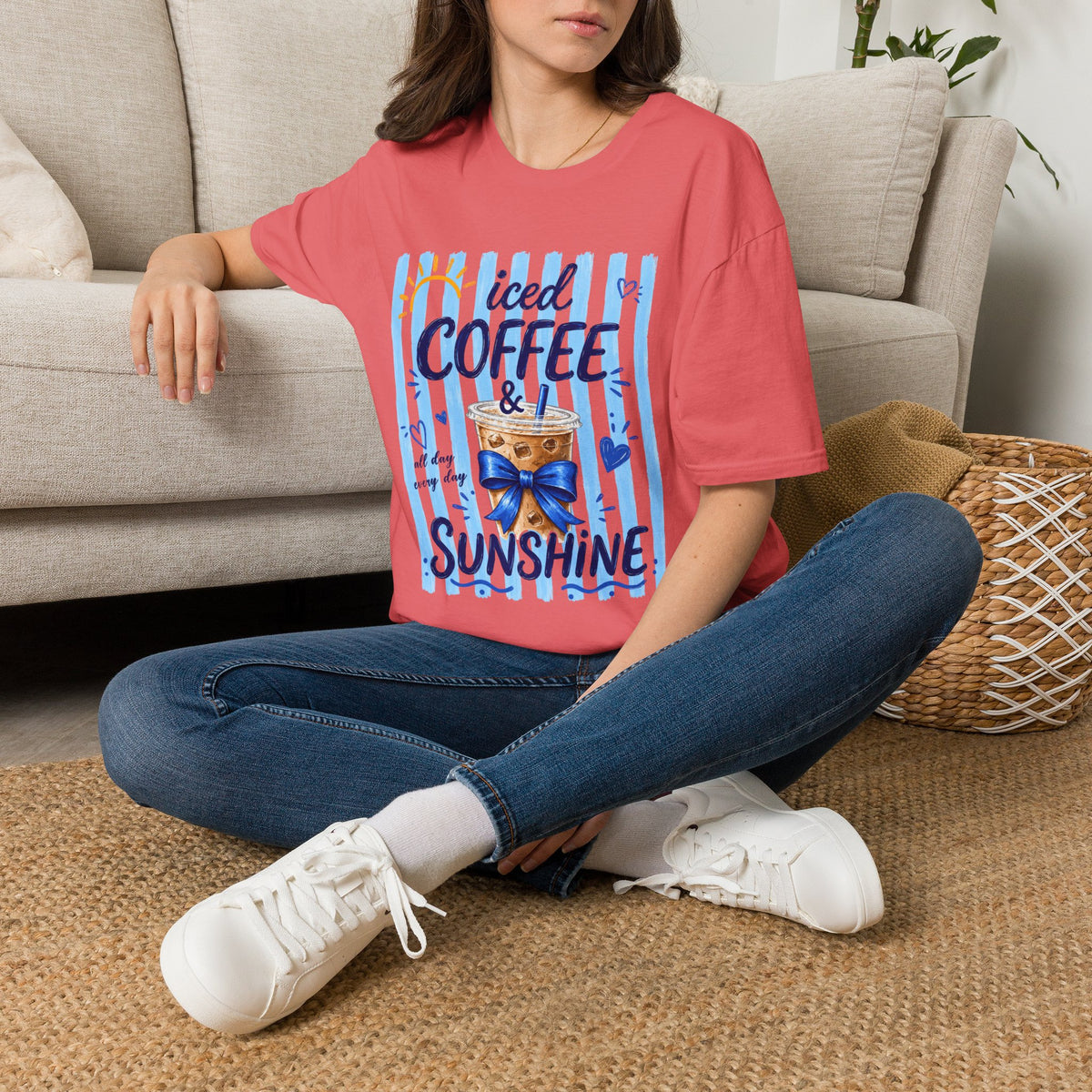 Iced Coffee & Sunshine T-Shirt — Cute Blue Striped Summer Tee
