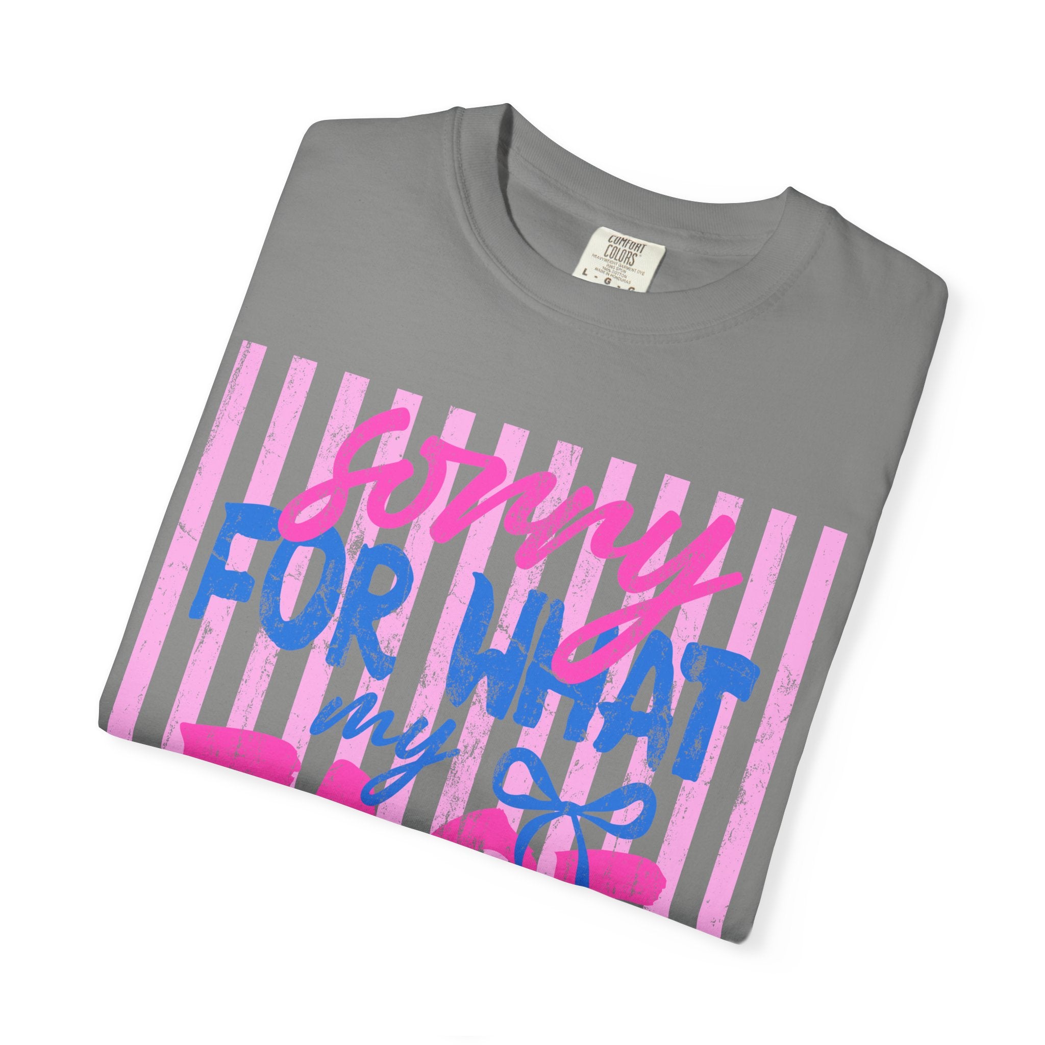 T-Shirt — "Sorry For What My Face Said" Graphic Tee (Pink & Blue Stripes)