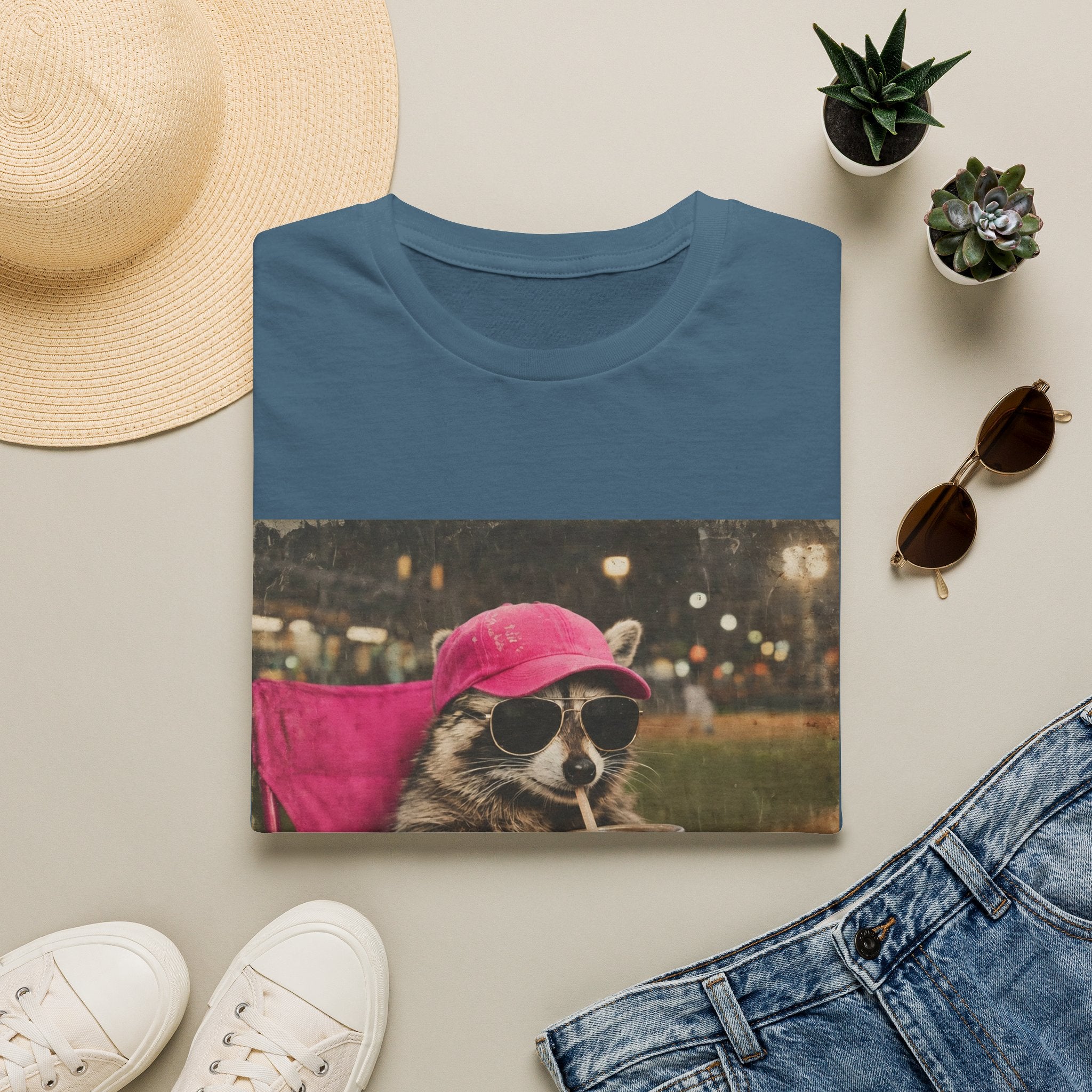 Raccoon Baseball/Softball Relaxing T-Shirt — 'Live Here Now' Retro Vacation Graphic Tee