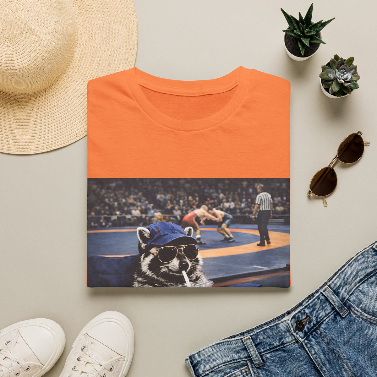 Wrestling Raccoon T‑Shirt — 'I Live Here Now' Funny Sports Tee