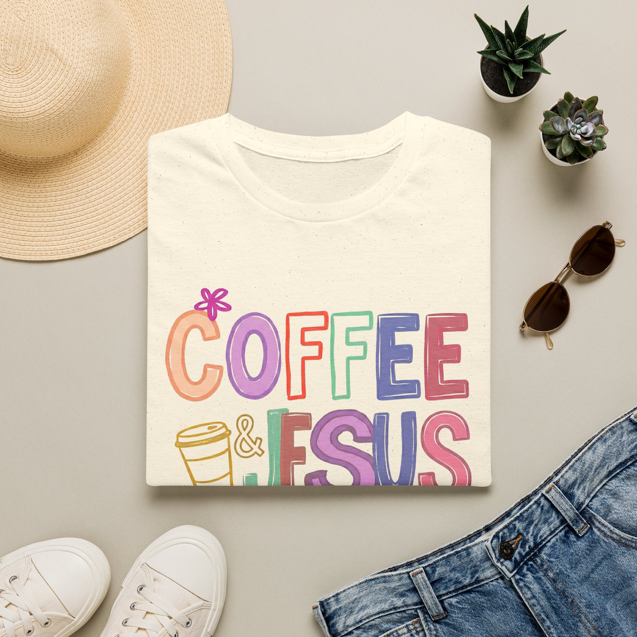 Coffee & Jesus T‑Shirt — Colorful Faith Graphic Tee for Women