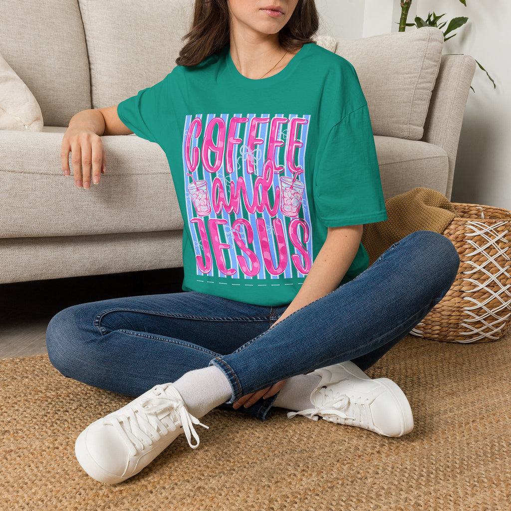 Coffee and Jesus T‑Shirt — Retro Pink & Blue Faith Graphic Tee