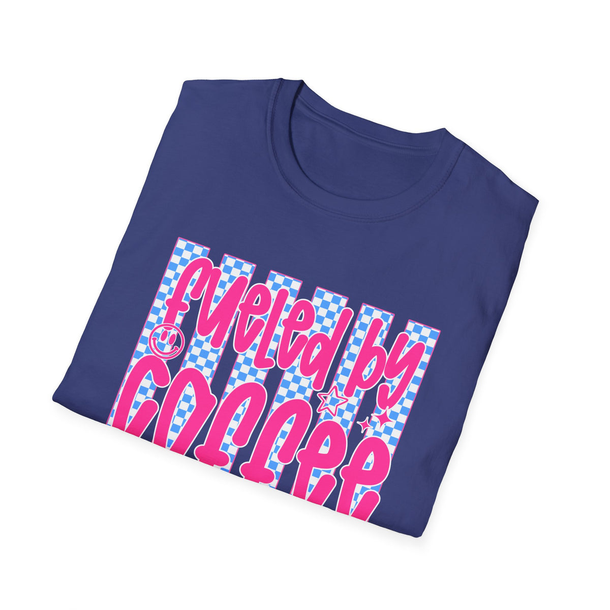Fueled By Coffee And Anxiety T-Shirt — Retro Pink & Blue Checker Graphic