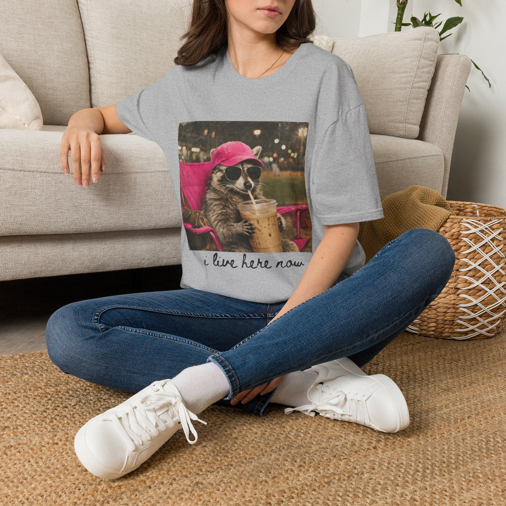 Raccoon Baseball/Softball Relaxing T-Shirt — 'Live Here Now' Retro Vacation Graphic Tee
