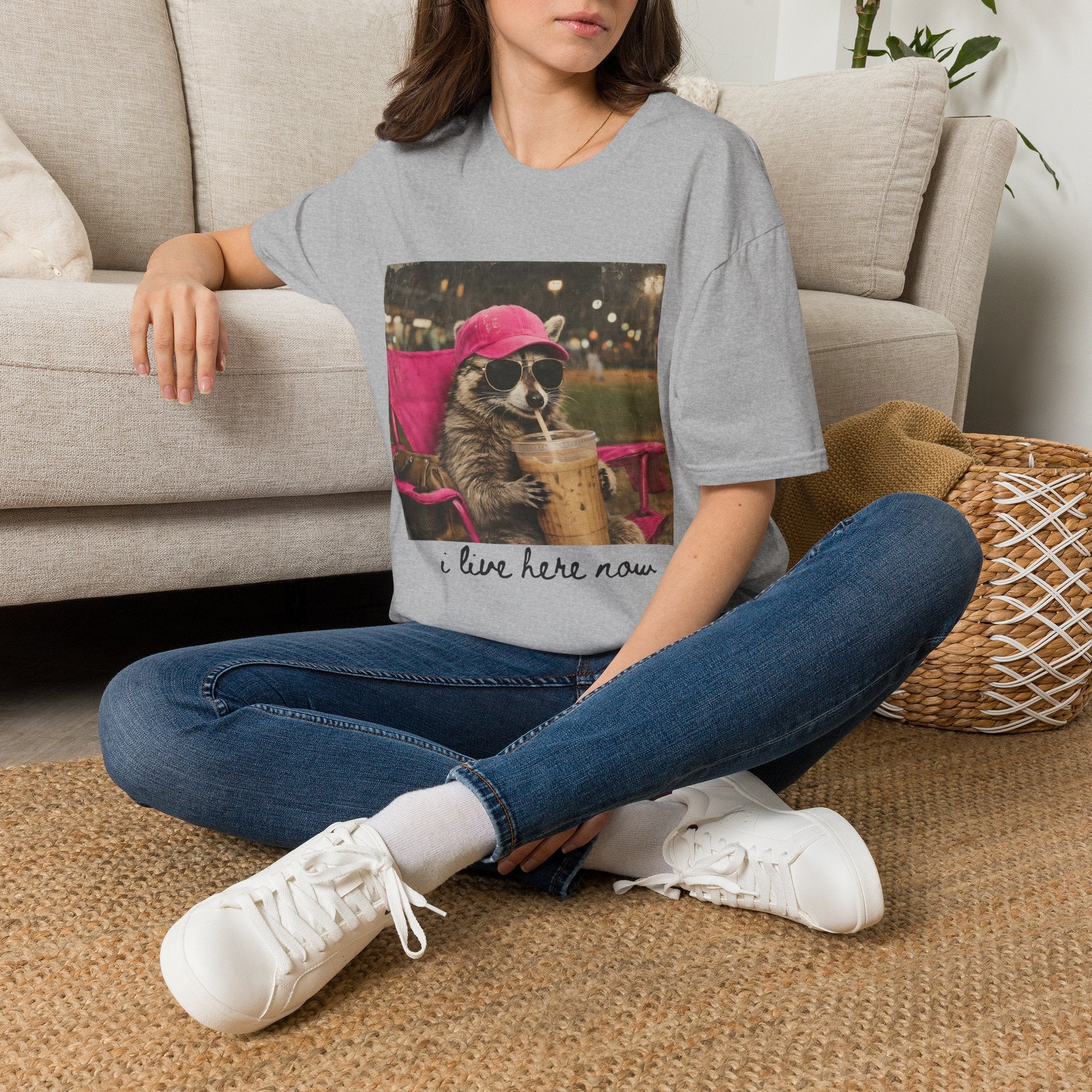 Raccoon Baseball/Softball Relaxing T-Shirt — 'Live Here Now' Retro Vacation Graphic Tee
