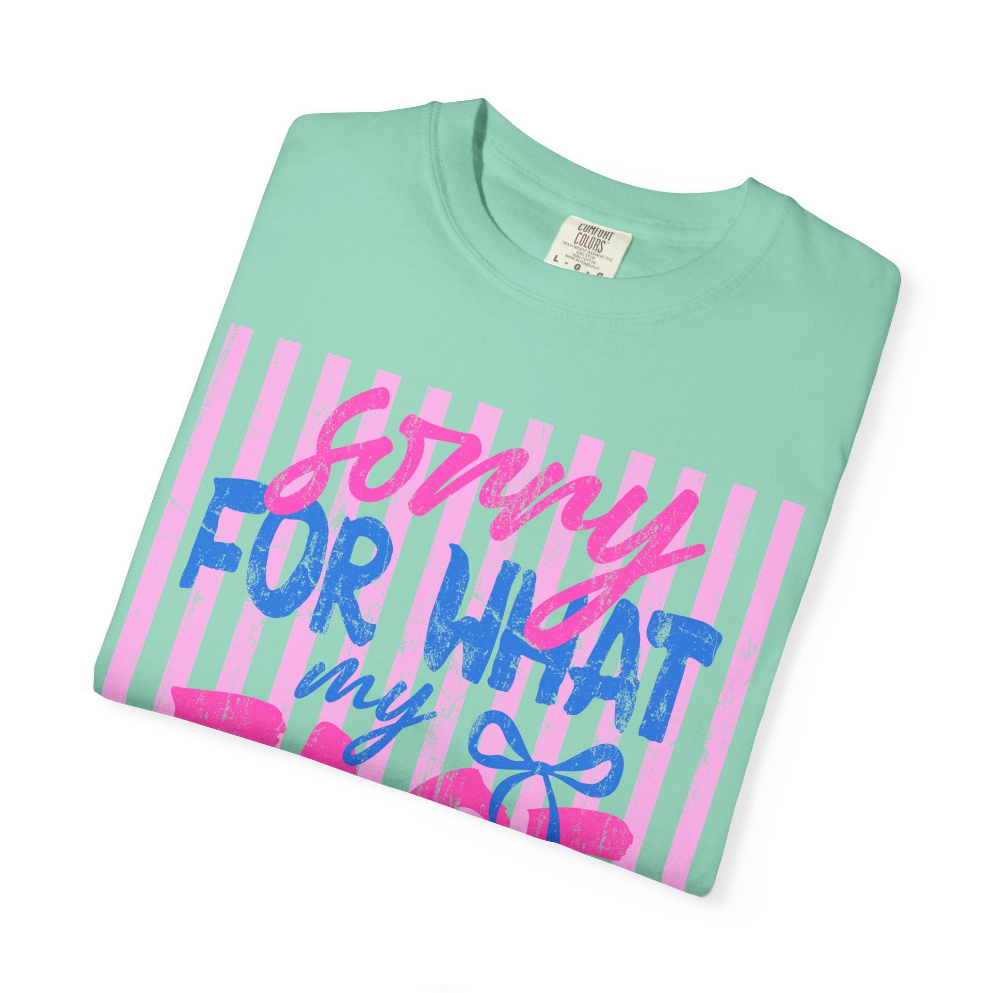 T-Shirt — "Sorry For What My Face Said" Graphic Tee (Pink & Blue Stripes)