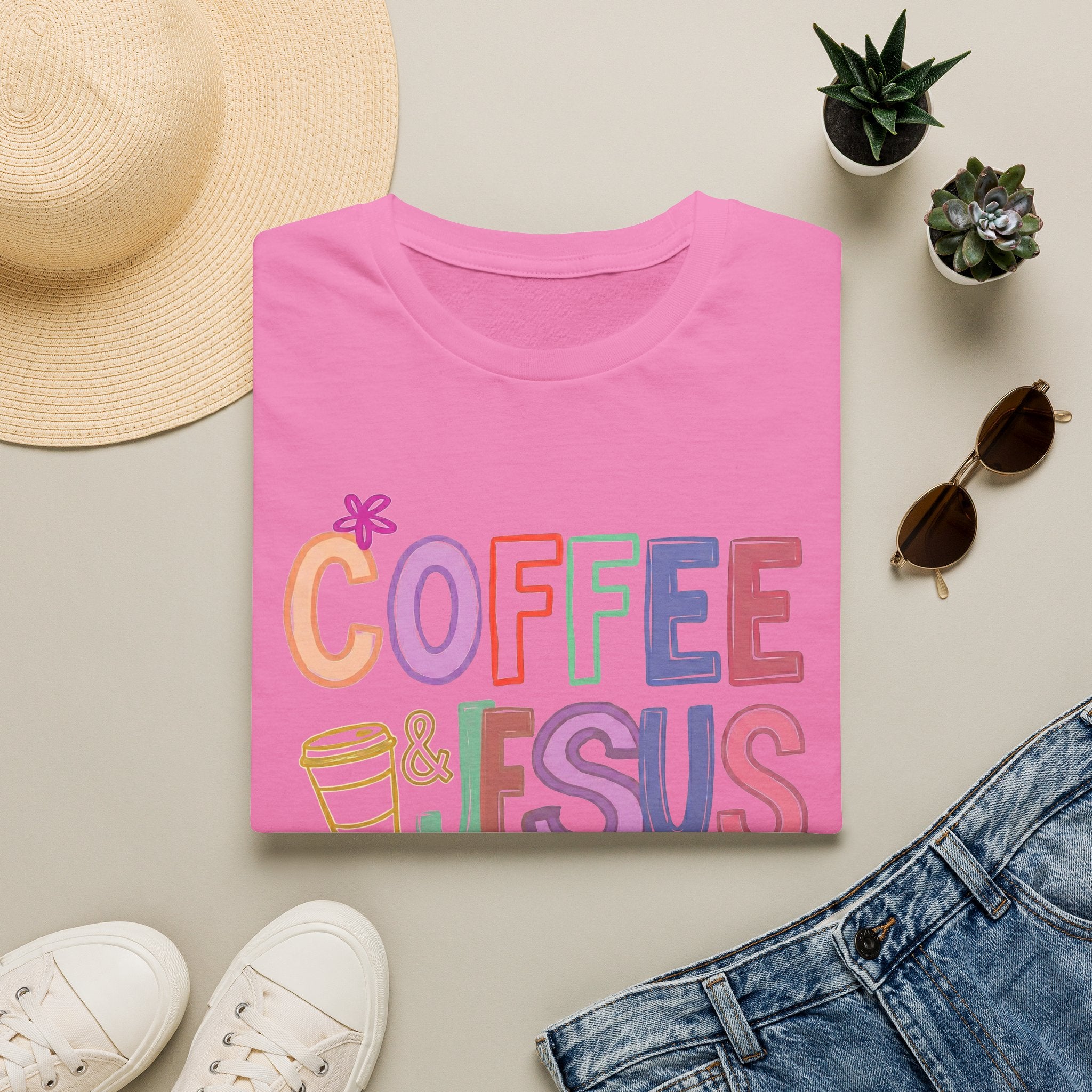 Coffee & Jesus T‑Shirt — Colorful Faith Graphic Tee for Women