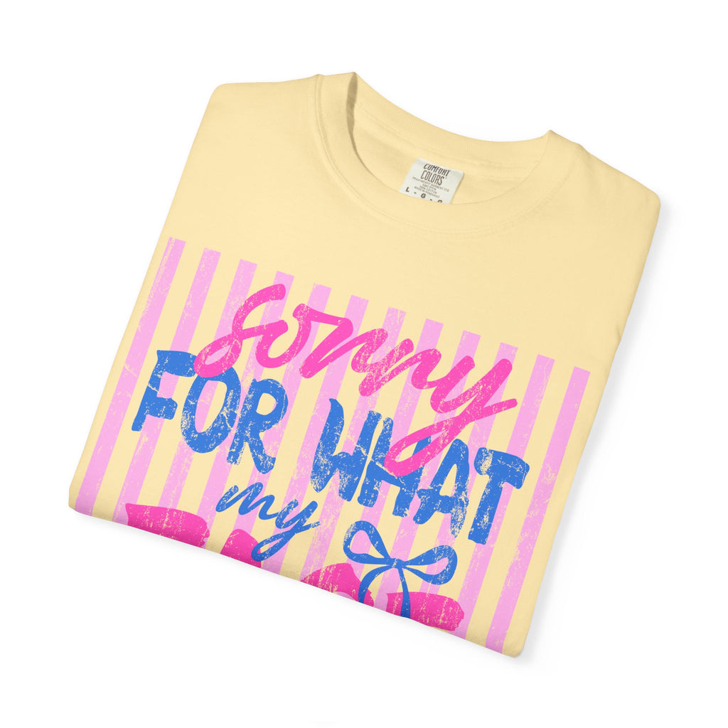 T-Shirt — "Sorry For What My Face Said" Graphic Tee (Pink & Blue Stripes)
