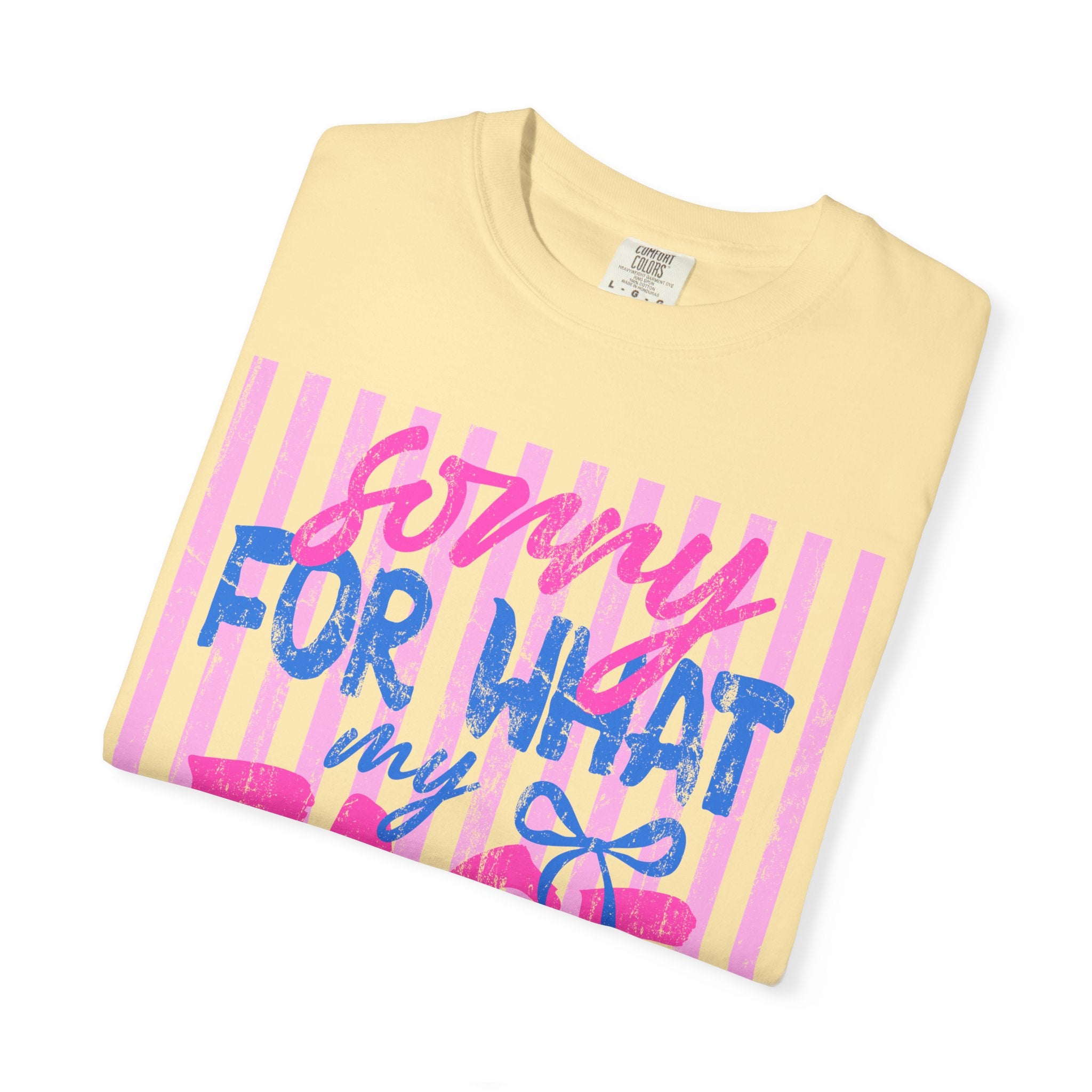 T-Shirt — "Sorry For What My Face Said" Graphic Tee (Pink & Blue Stripes)