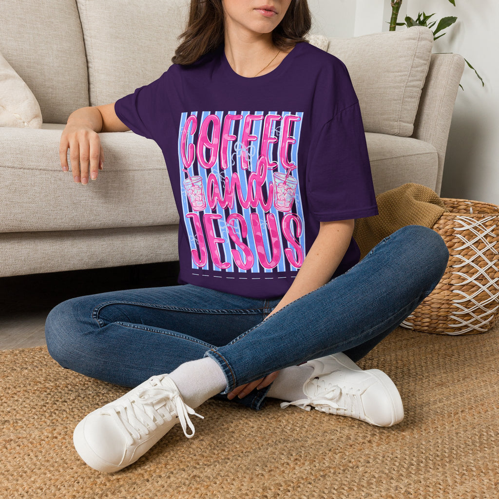 Coffee and Jesus T‑Shirt — Retro Pink & Blue Faith Graphic Tee
