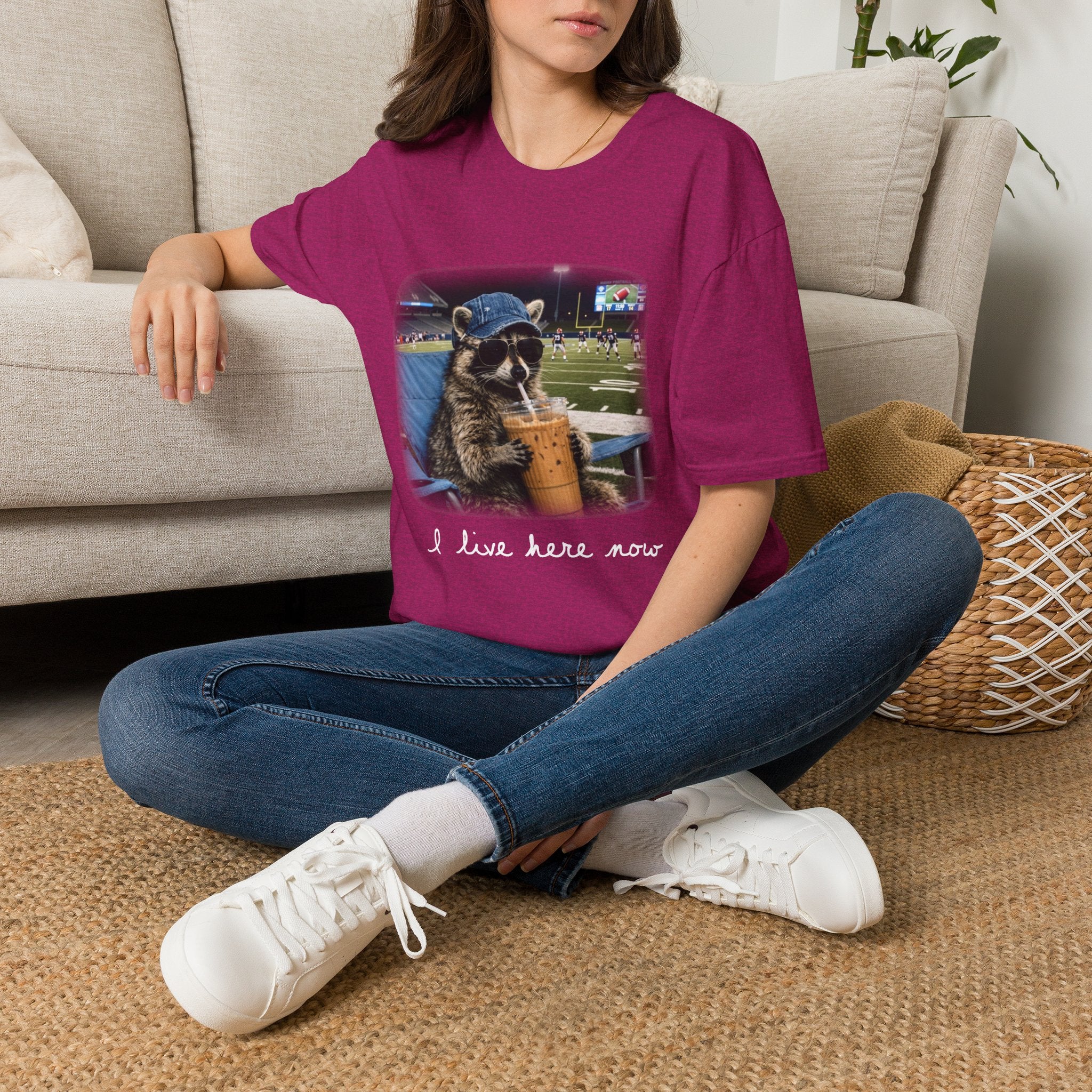 Raccoon Football Stadium Tee – "I Live Here Now" Graphic T-Shirt
