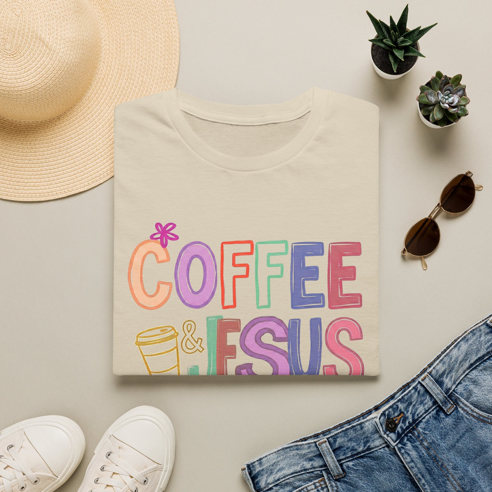 Coffee & Jesus T‑Shirt — Colorful Faith Graphic Tee for Women