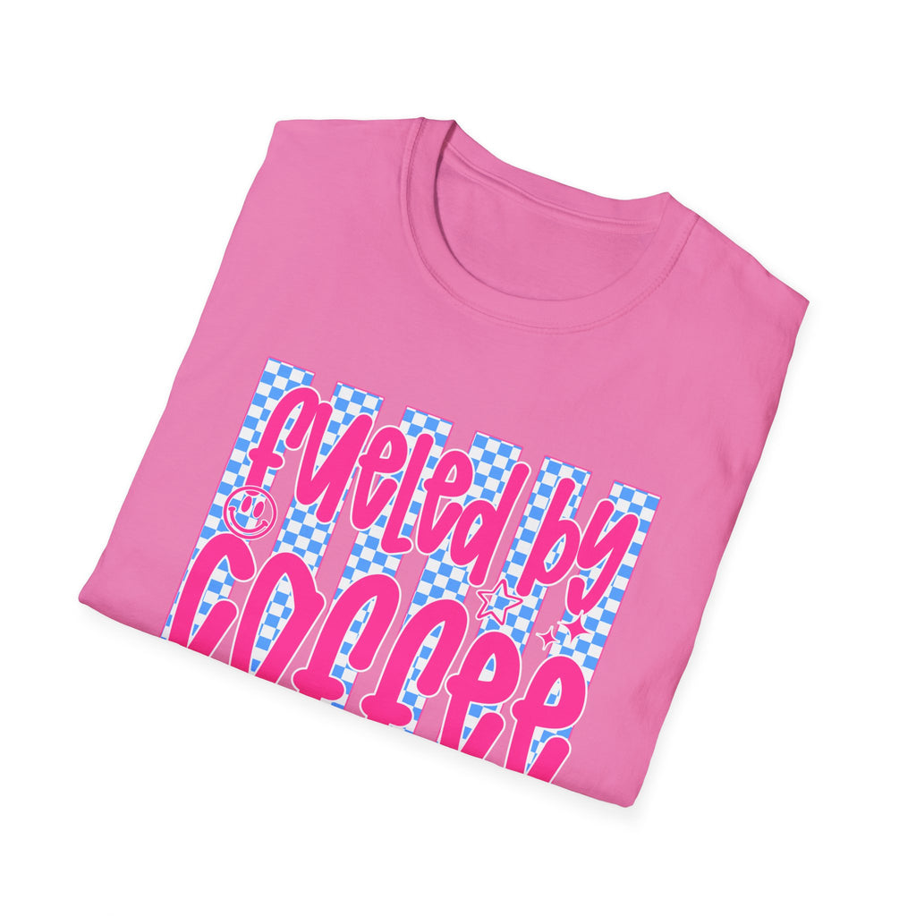 Fueled By Coffee And Anxiety T-Shirt — Retro Pink & Blue Checker Graphic