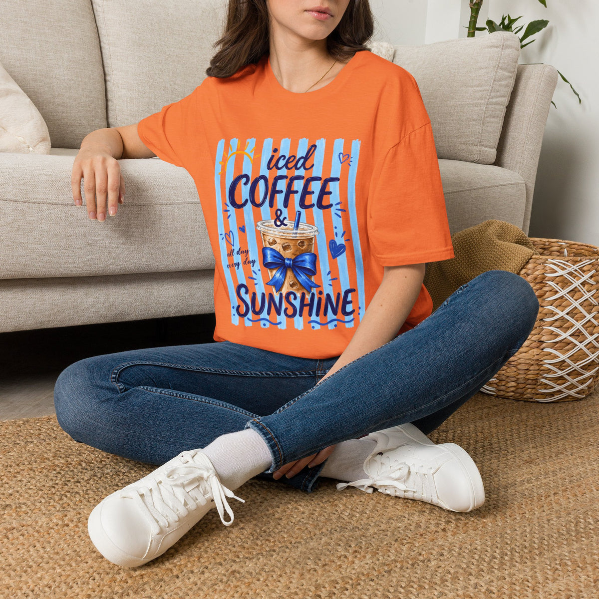 Iced Coffee & Sunshine T-Shirt — Cute Blue Striped Summer Tee