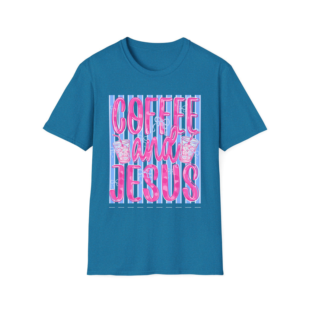 Coffee and Jesus T‑Shirt — Retro Pink & Blue Faith Graphic Tee