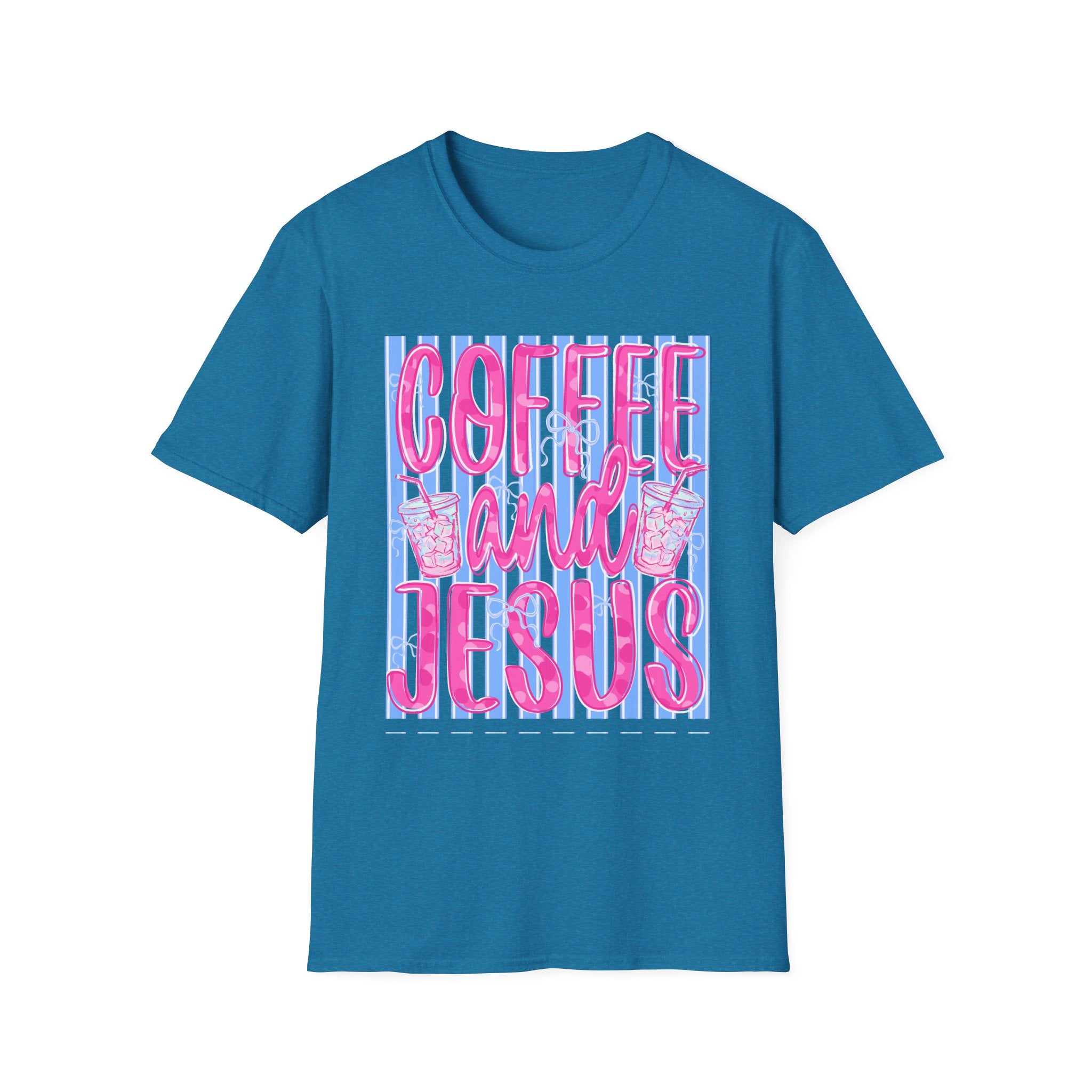 Coffee and Jesus T‑Shirt — Retro Pink & Blue Faith Graphic Tee