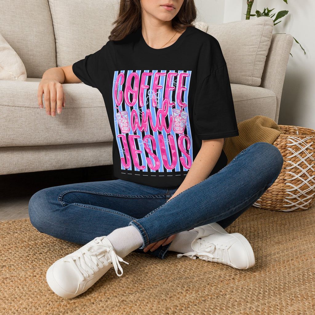 Coffee and Jesus T‑Shirt — Retro Pink & Blue Faith Graphic Tee