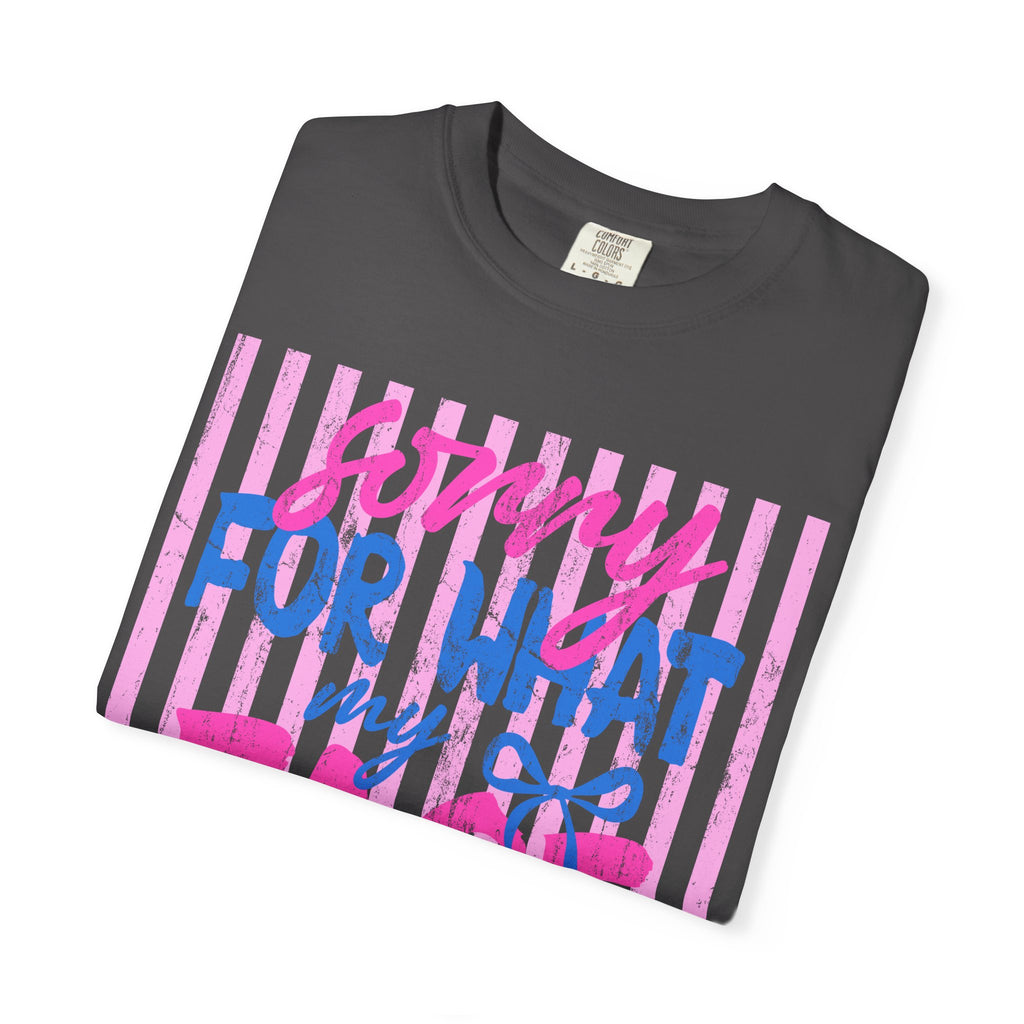 T-Shirt — "Sorry For What My Face Said" Graphic Tee (Pink & Blue Stripes)