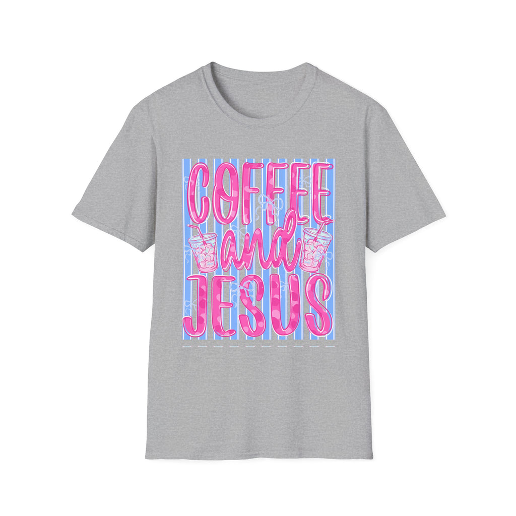 Coffee and Jesus T‑Shirt — Retro Pink & Blue Faith Graphic Tee