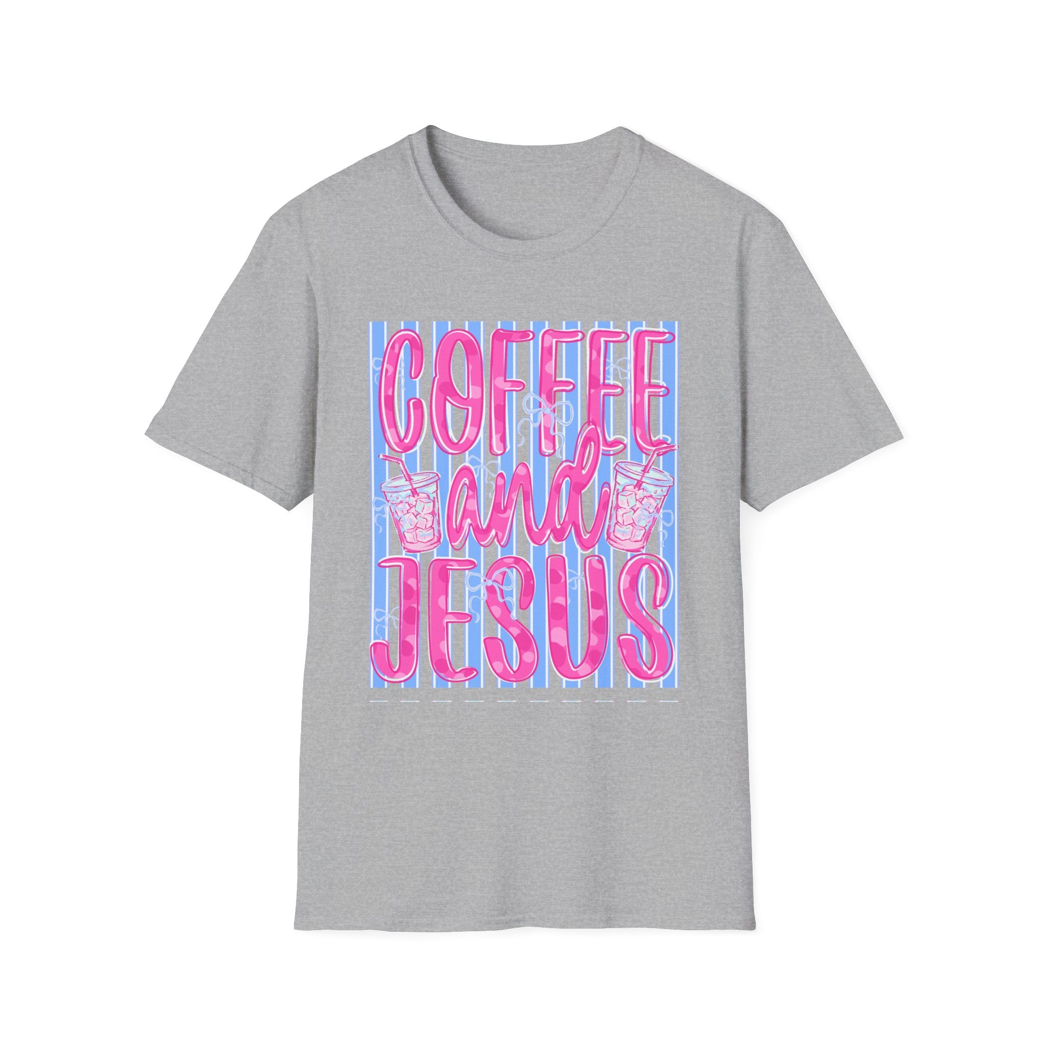 Coffee and Jesus T‑Shirt — Retro Pink & Blue Faith Graphic Tee