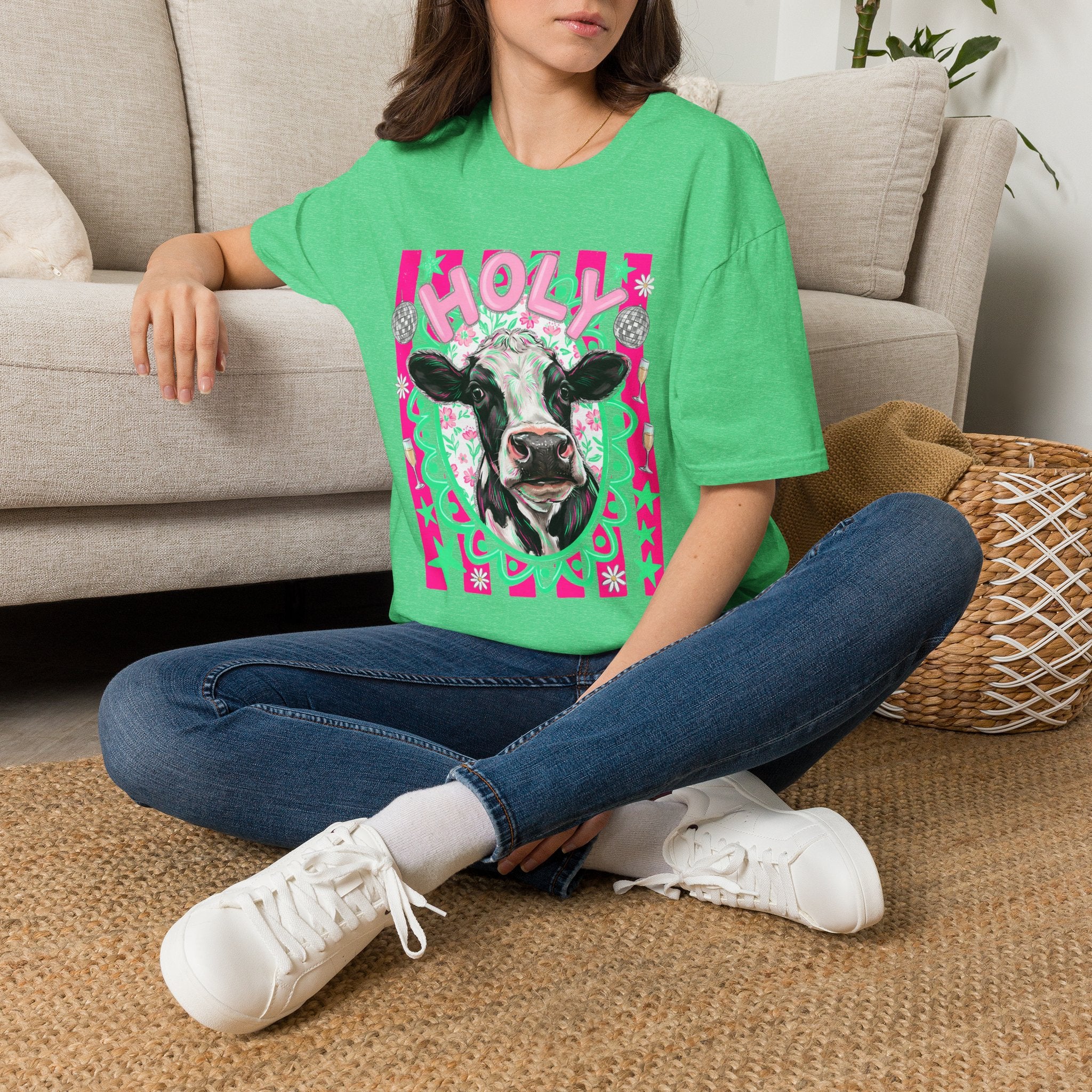 Holly Cow Graphic T-Shirt — Festive Cow Art Tee