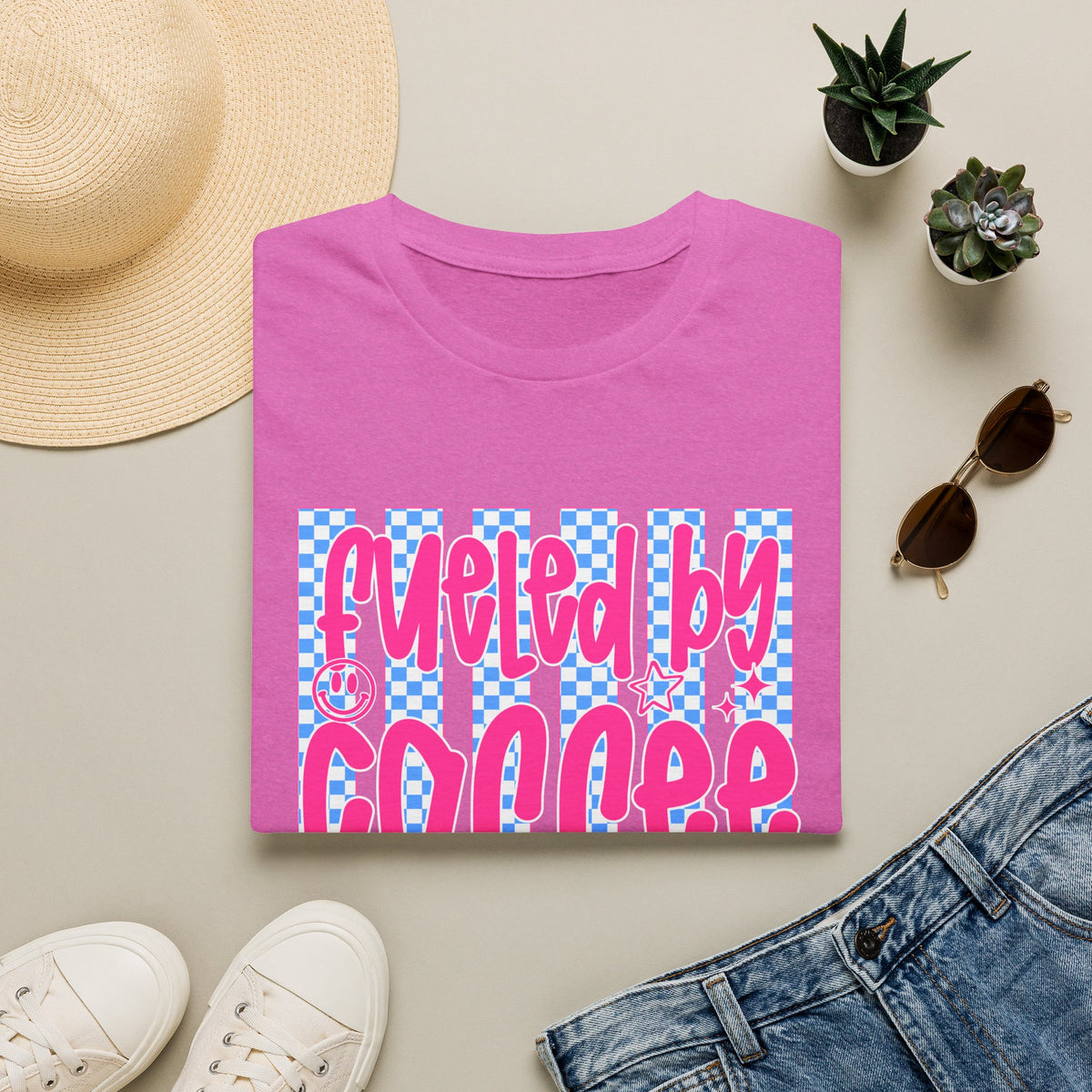 Fueled By Coffee And Anxiety T-Shirt — Retro Pink & Blue Checker Graphic