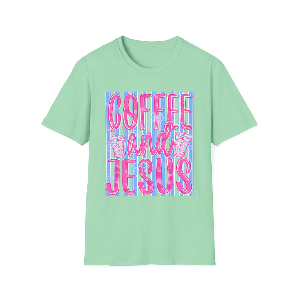 Coffee and Jesus T‑Shirt — Retro Pink & Blue Faith Graphic Tee