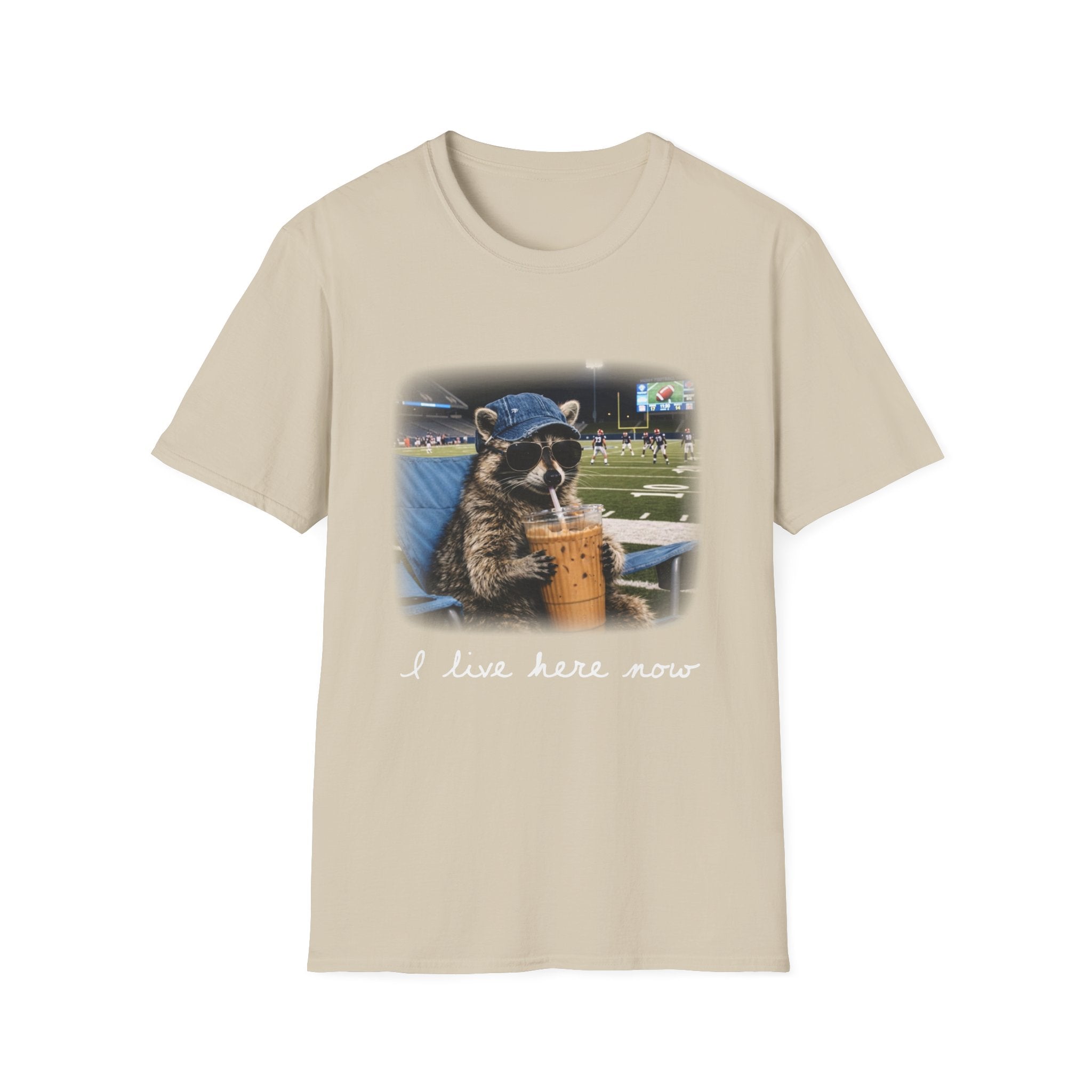 Raccoon Football Stadium Tee – "I Live Here Now" Graphic T-Shirt