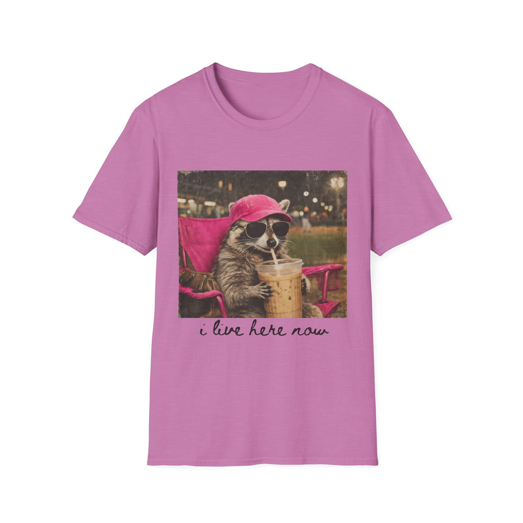 Raccoon Baseball/Softball Relaxing T-Shirt — 'Live Here Now' Retro Vacation Graphic Tee