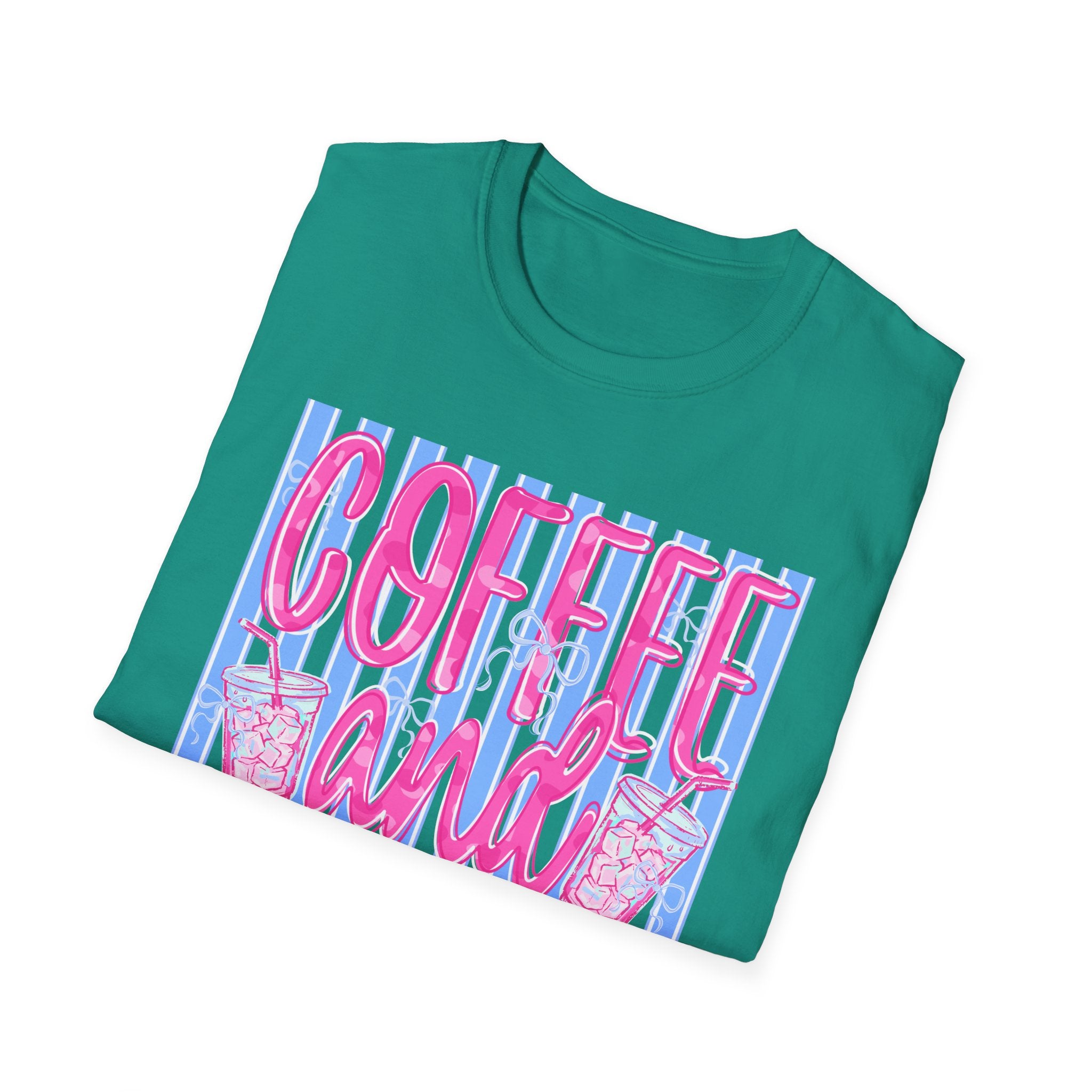 Coffee and Jesus T‑Shirt — Retro Pink & Blue Faith Graphic Tee