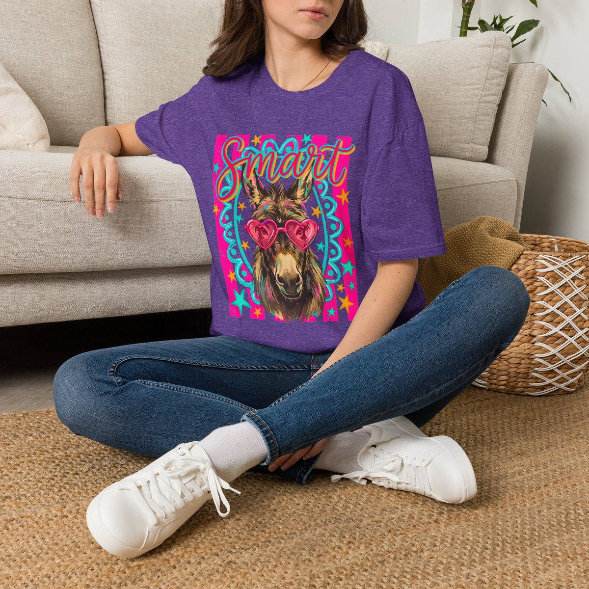 Smart Donkey T-Shirt — Colorful Heart-Sunglasses Graphic Tee for Animal Lovers
