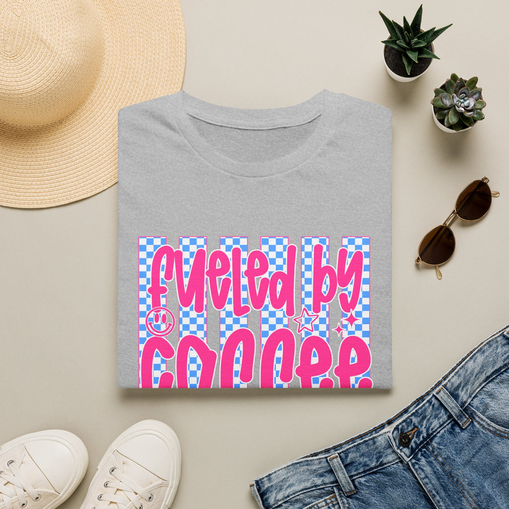 Fueled By Coffee And Anxiety T-Shirt — Retro Pink & Blue Checker Graphic