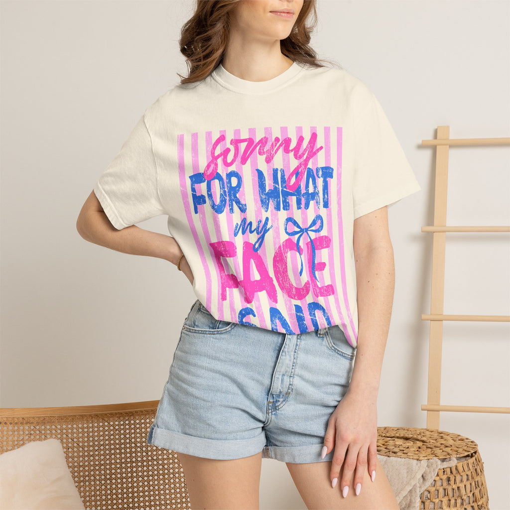 T-Shirt — "Sorry For What My Face Said" Graphic Tee (Pink & Blue Stripes)