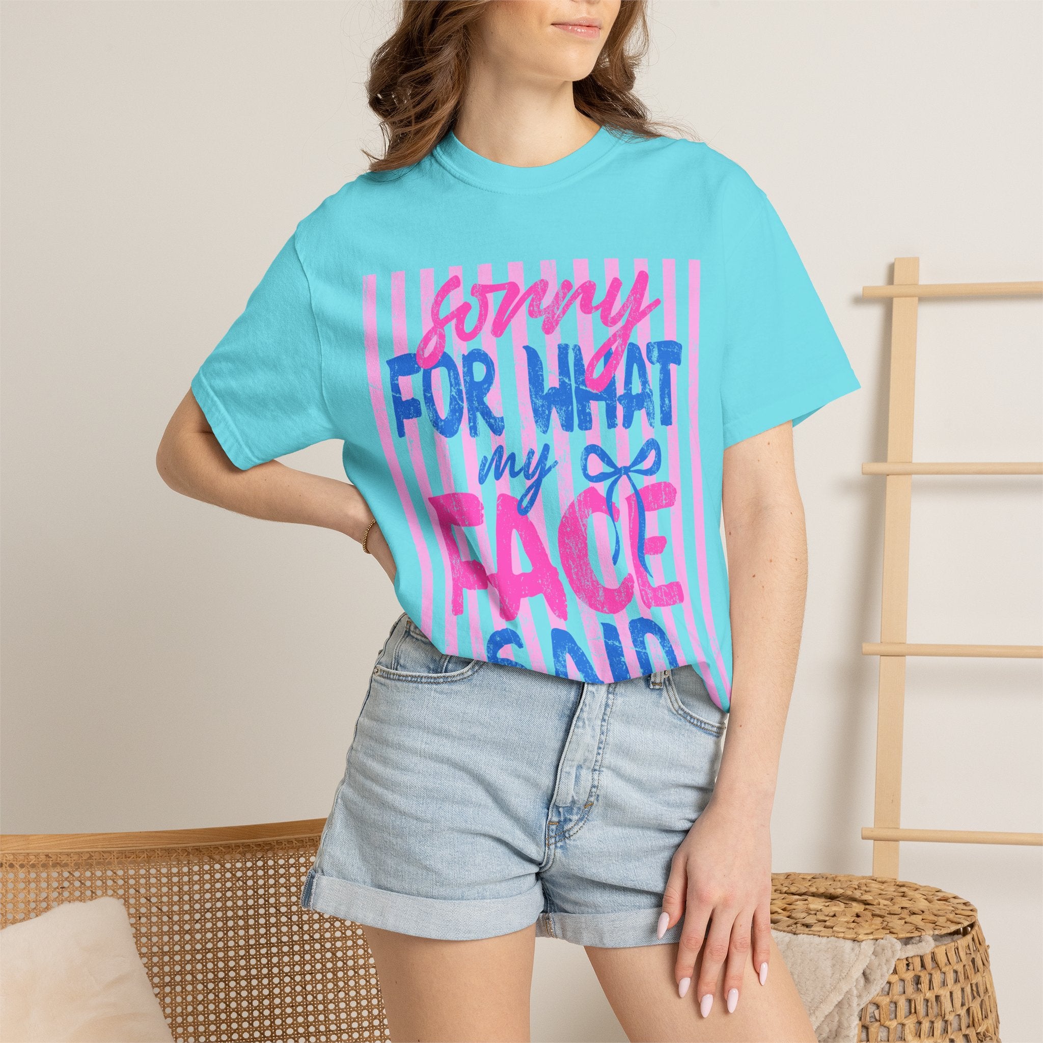 T-Shirt — "Sorry For What My Face Said" Graphic Tee (Pink & Blue Stripes)